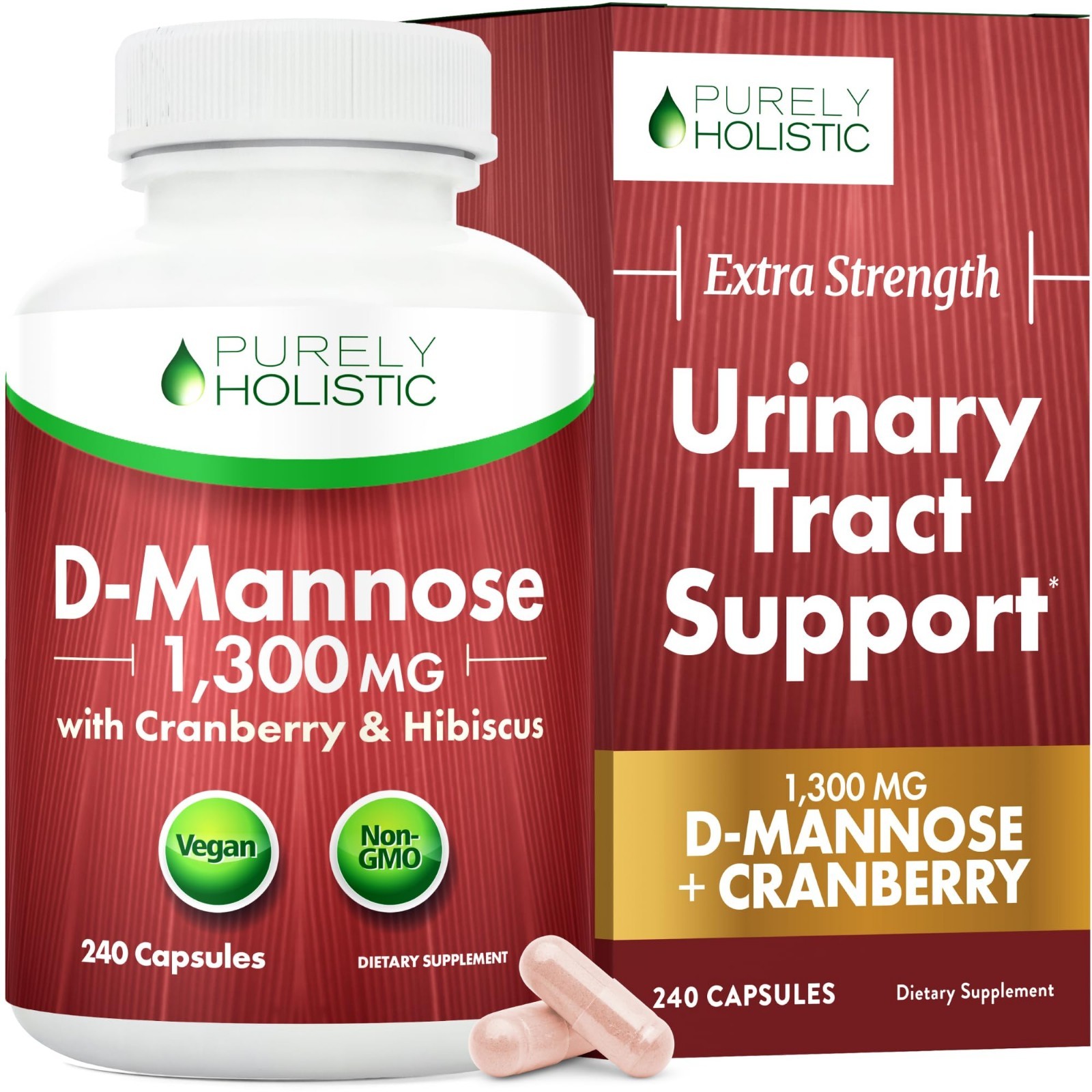 D-Mannose & Cranberry Capsules | Urinary Tract Support | 1300mg, 240 Ct, Non-GMO