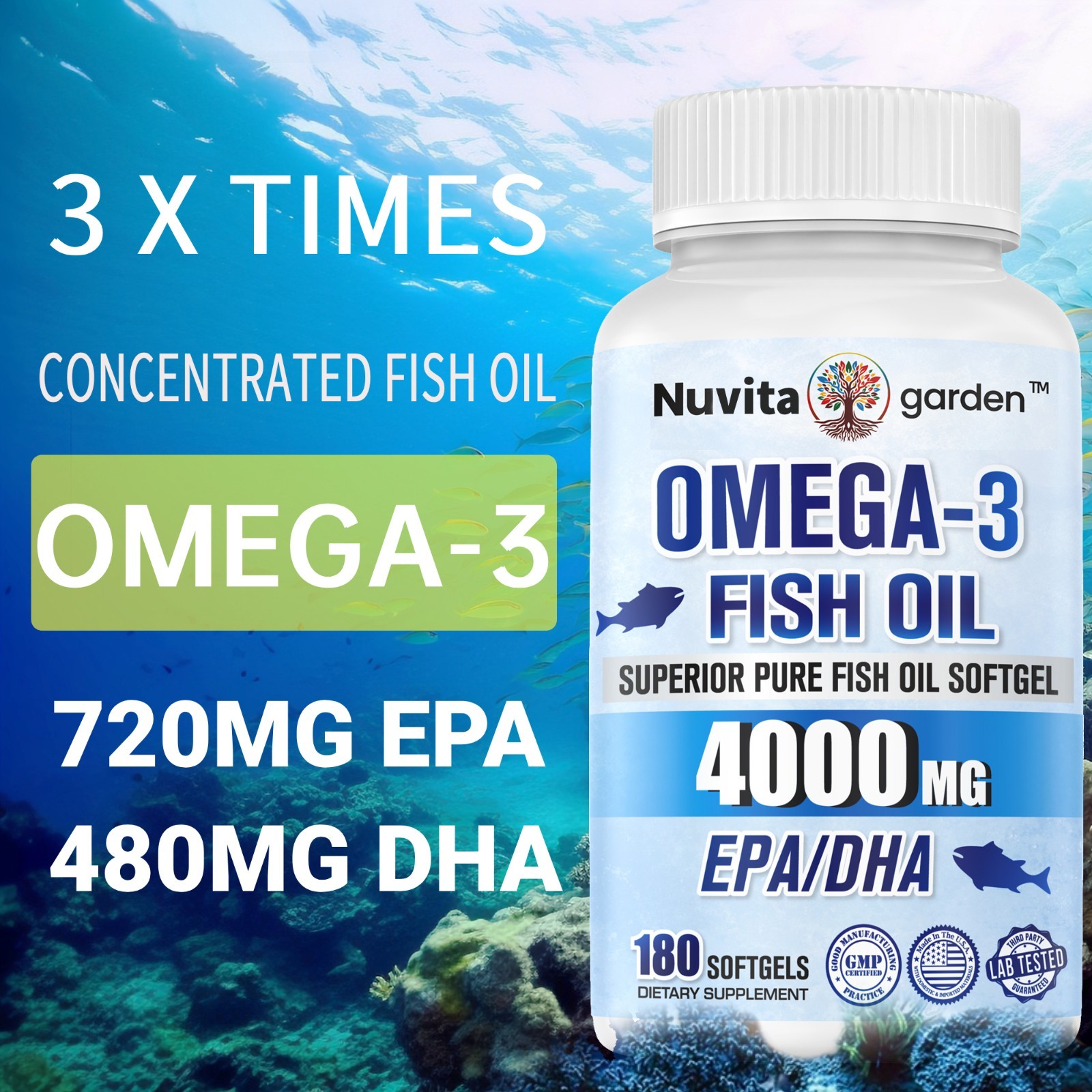 Omega 3 Fish Oil – 4000MG, 180 Softgels (40 Serv) – Non-GMO, Gluten Free