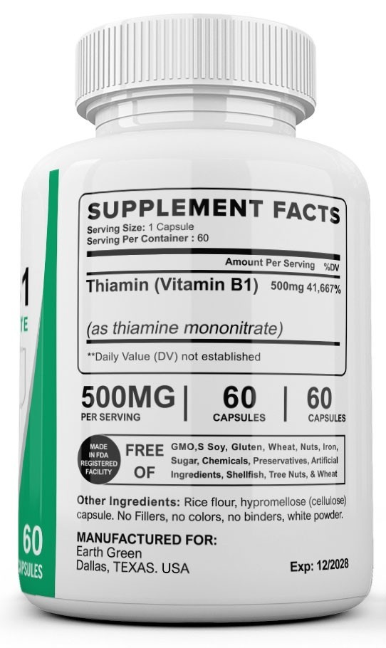 3 Bottles Vitamin B1 (Thiamin) 500mg, 180 Capsules – Gluten Free & Non-GMO USA