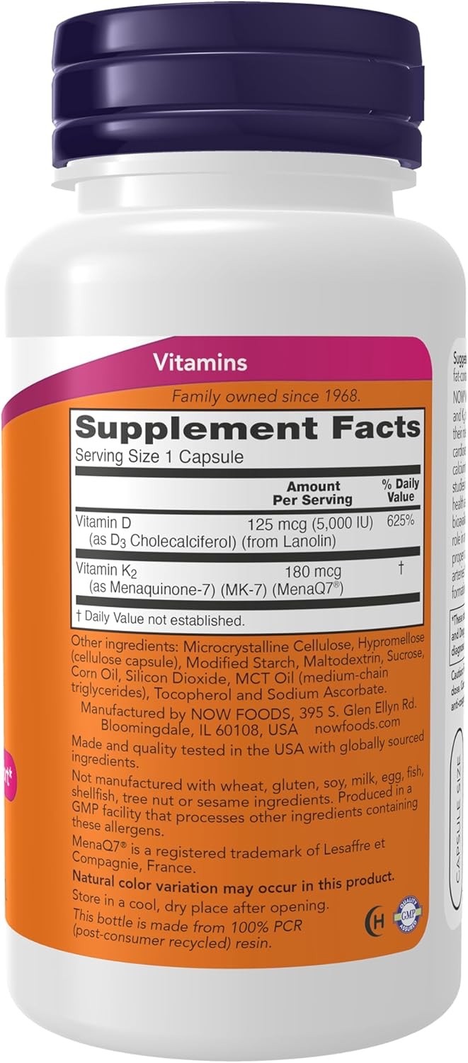NOW Mega D-3 & MK-7, 5000 IU / 180 mcg, Bone & Cardiovascular 120 Capsules