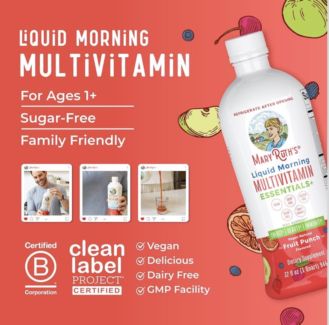 MaryRuth Organics Liquid Morning Multivitamin Essentials+ Fruit Punch 32floz