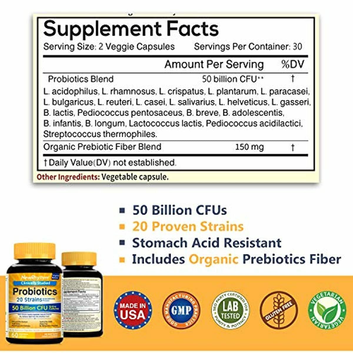 NewRhythm Probiotics 50 Billion CFU 20 Strains, 60 Veggie Capsules, Targeted Rel