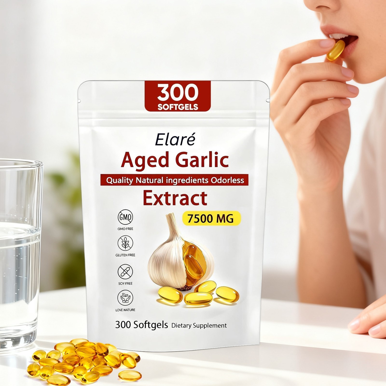 1-3pk Elare Aged Garlic Extract 300 Odorless 7500mg Softgels Heart Immune
