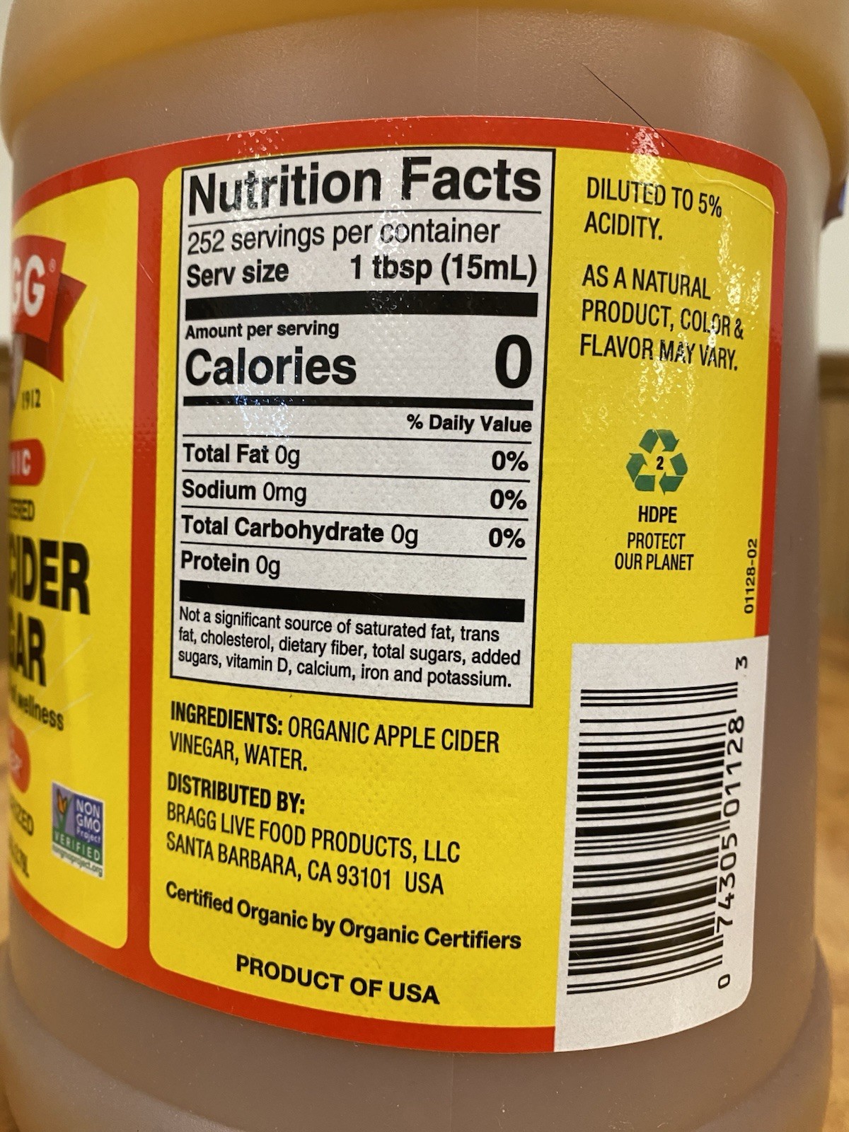 Bragg Organic Apple Cider Vinegar~Raw/Unfiltered/All Natural ~128 fl.oz./1 Gal.