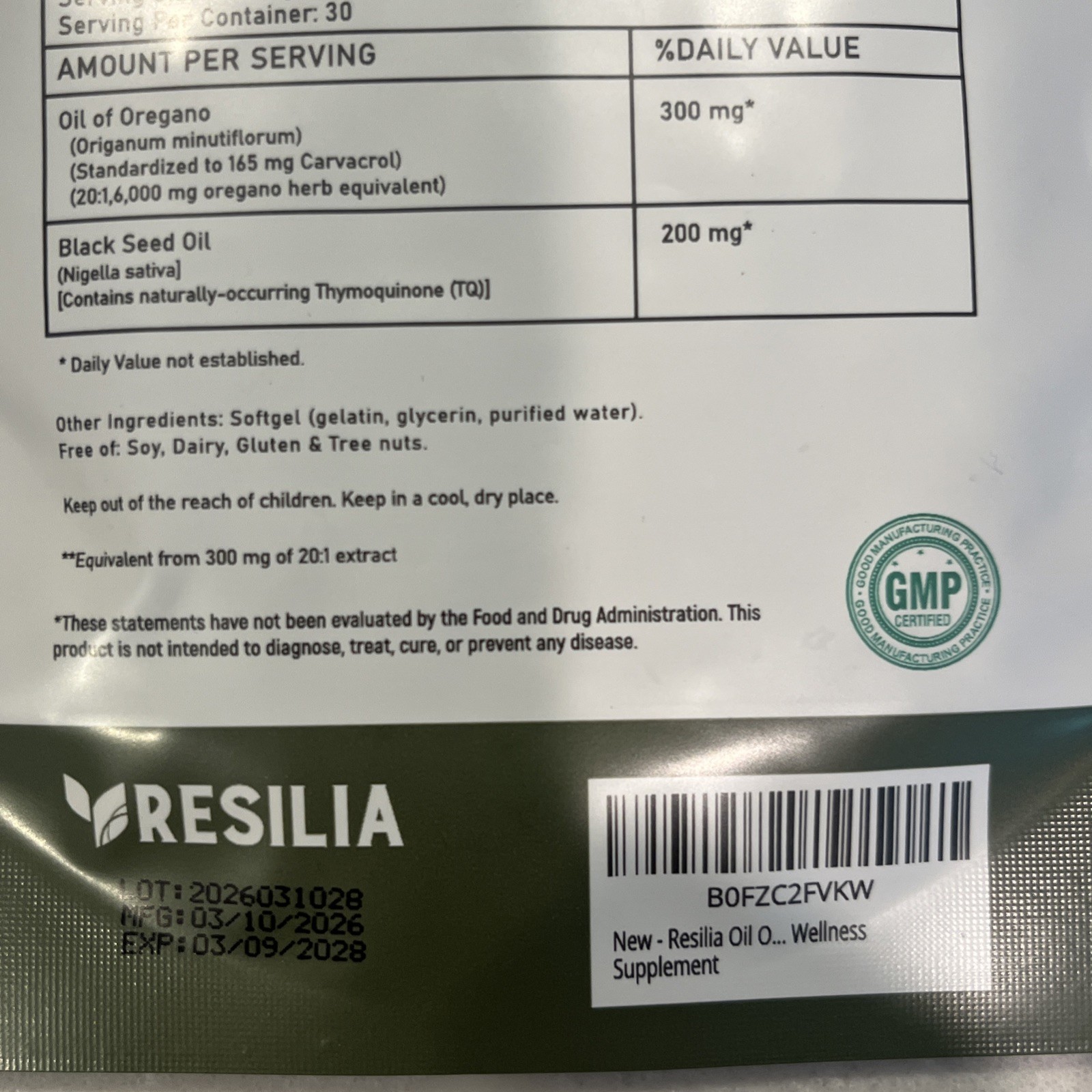 Resilia Oil of Oregano (Carvacrol) with Black Seed Oil – 60 Softgels new/sealed