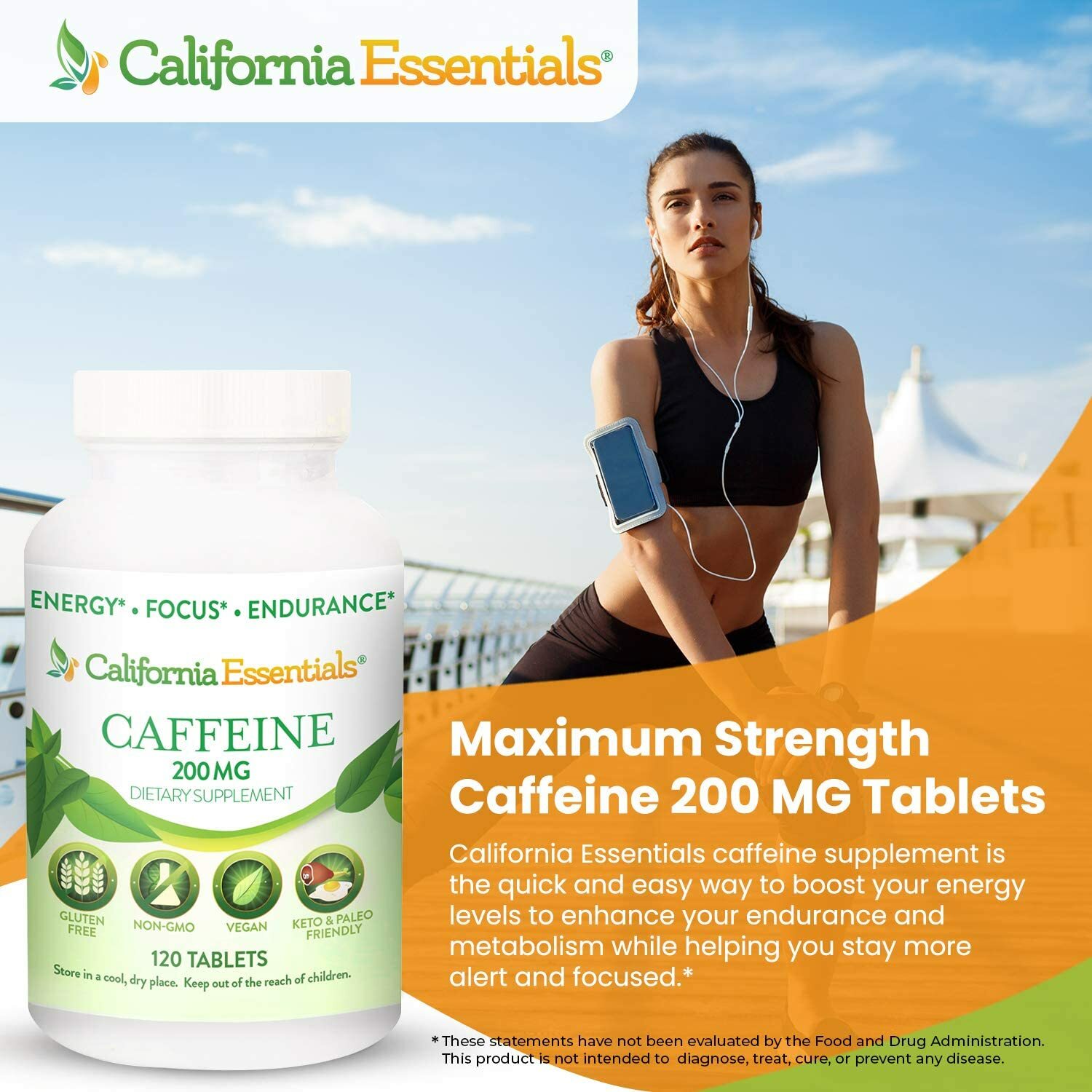 California Essentials Caffeine 200mg Tablets Energy Focus Alertness Supplement