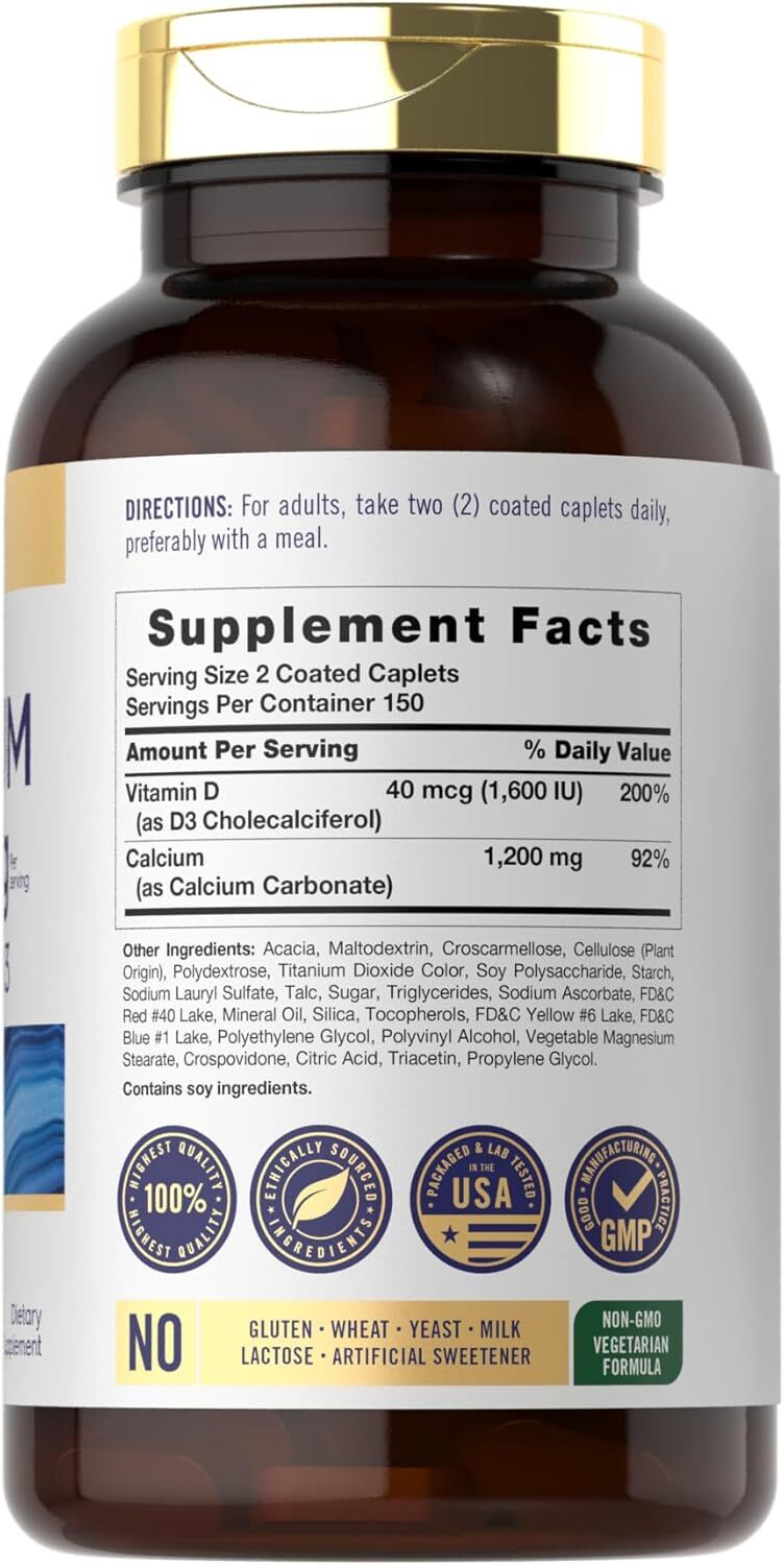 Calcium 1200mg with Vitamin D3 | 300 Tablets | Vegetarian, Non-GMO | by Carlyle