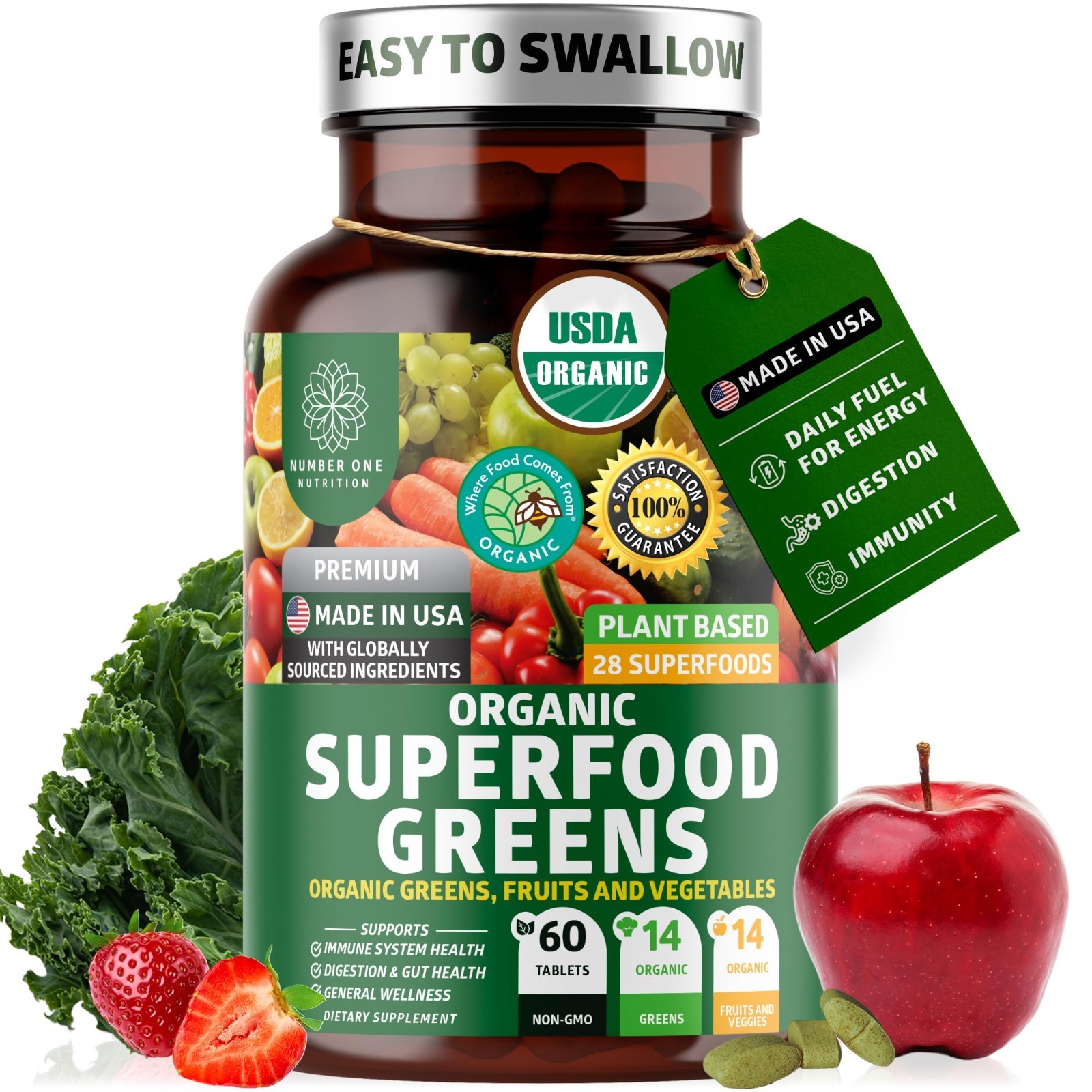 Organic Superfood Greens Tablets – 28 Vegan Ingredients, Non-GMO, Antioxidant, I