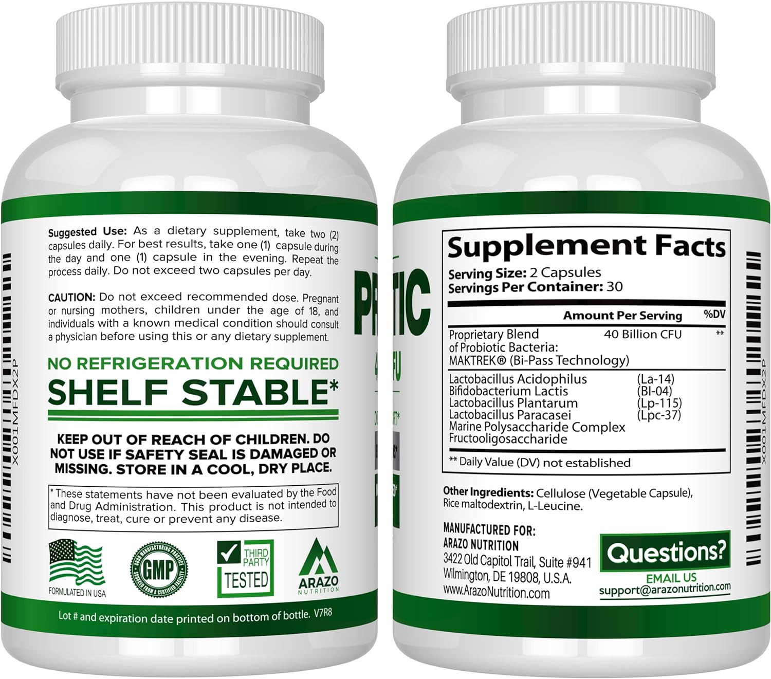 Arazo Nutrition Probiotic 40 Billion CFU – Shelf Stable with Prebiotics and Acid