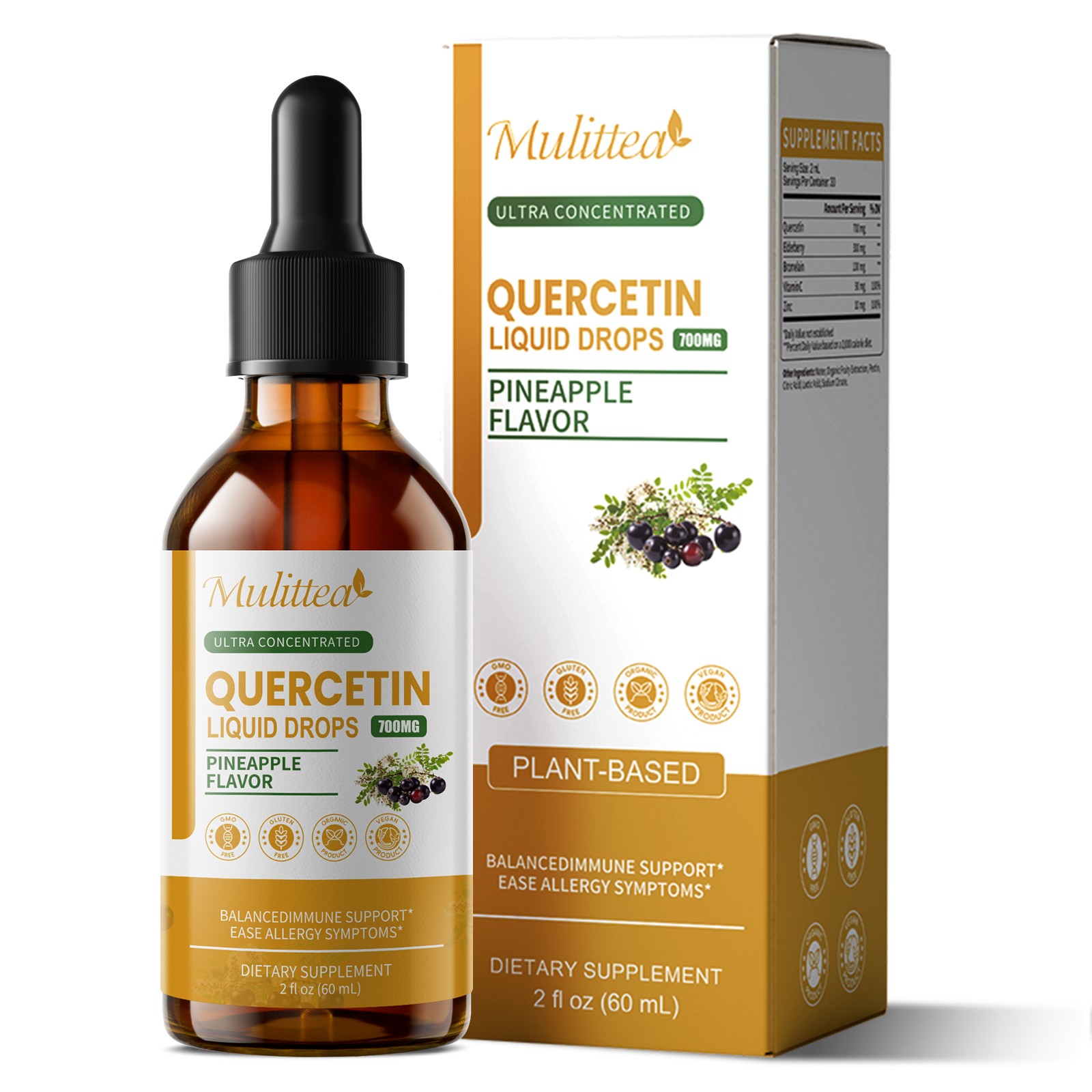5-in-1 Vegan Quercetin Liquid Drops with Zinc, Bromelain Immune Support 2 fl oz