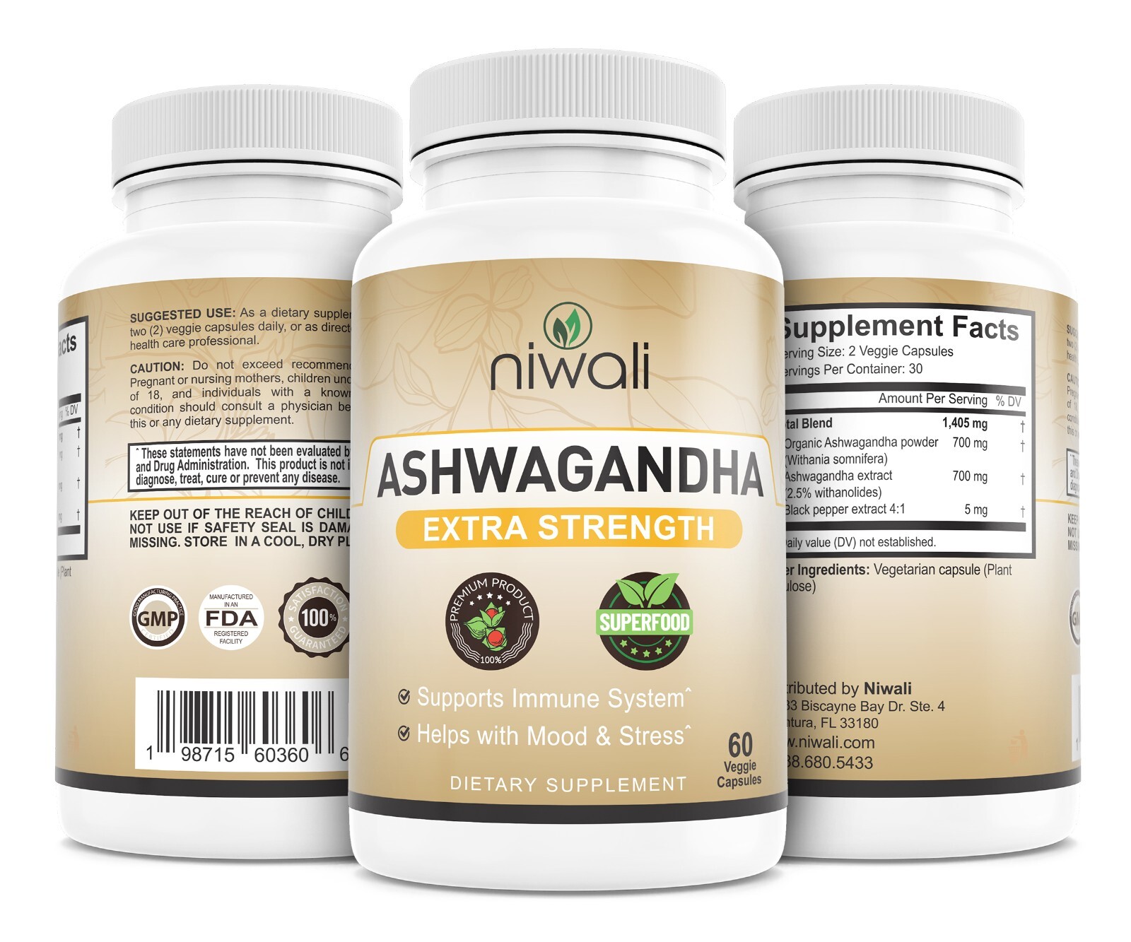 Niwali Ashwagandha Extra Strength 60 Veggie Capsules – Immune, Mood & Stress Sup