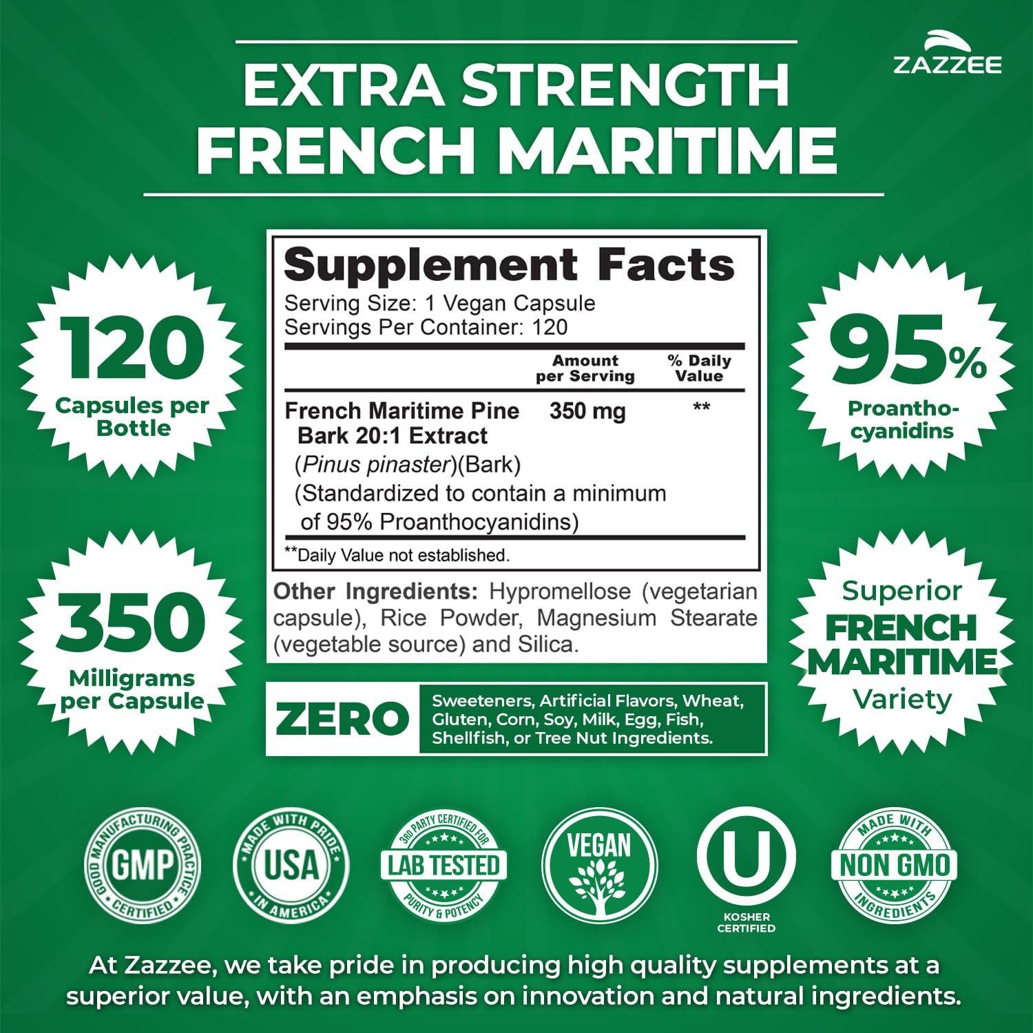 Zazzee Extra Strength French Maritime Pine Bark 20:1 Extract, 350 mg, Kosher