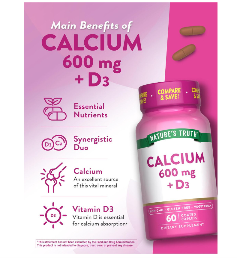 Calcium 600 mg With Vitamin D3 800 IU Bone Health Immune Support 60 Coated Caple