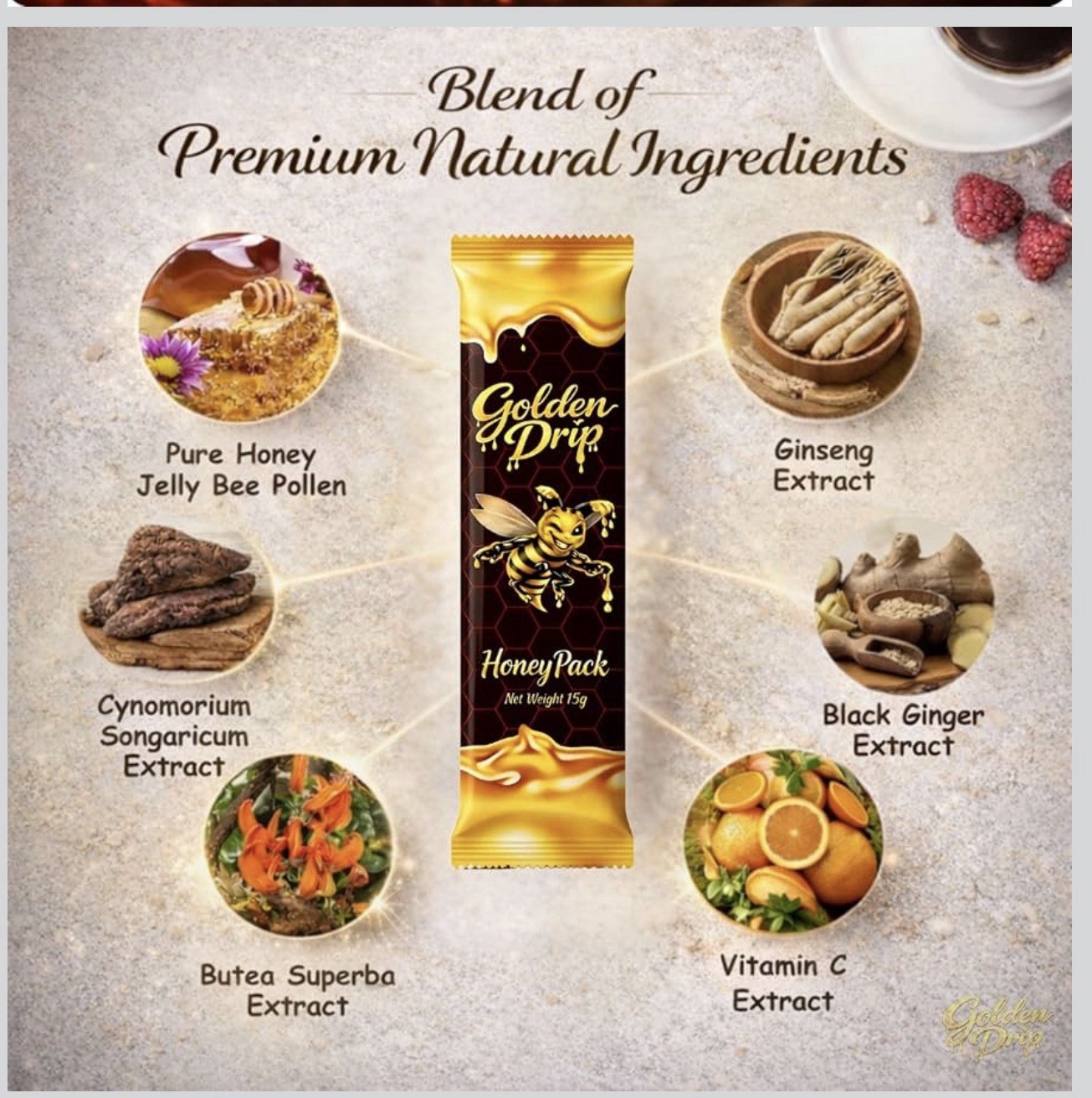Golden Drip Honey Vitamin Sachets 12 Pack 15g w/ Ginseng & Black Ginger