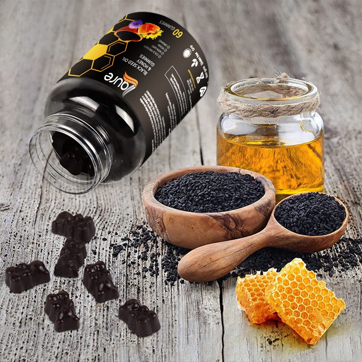 Black Seed Oil & Honey Gummies W/ 2%+ THYMOQUINONE | Nigella Sativa Seeds| Su…
