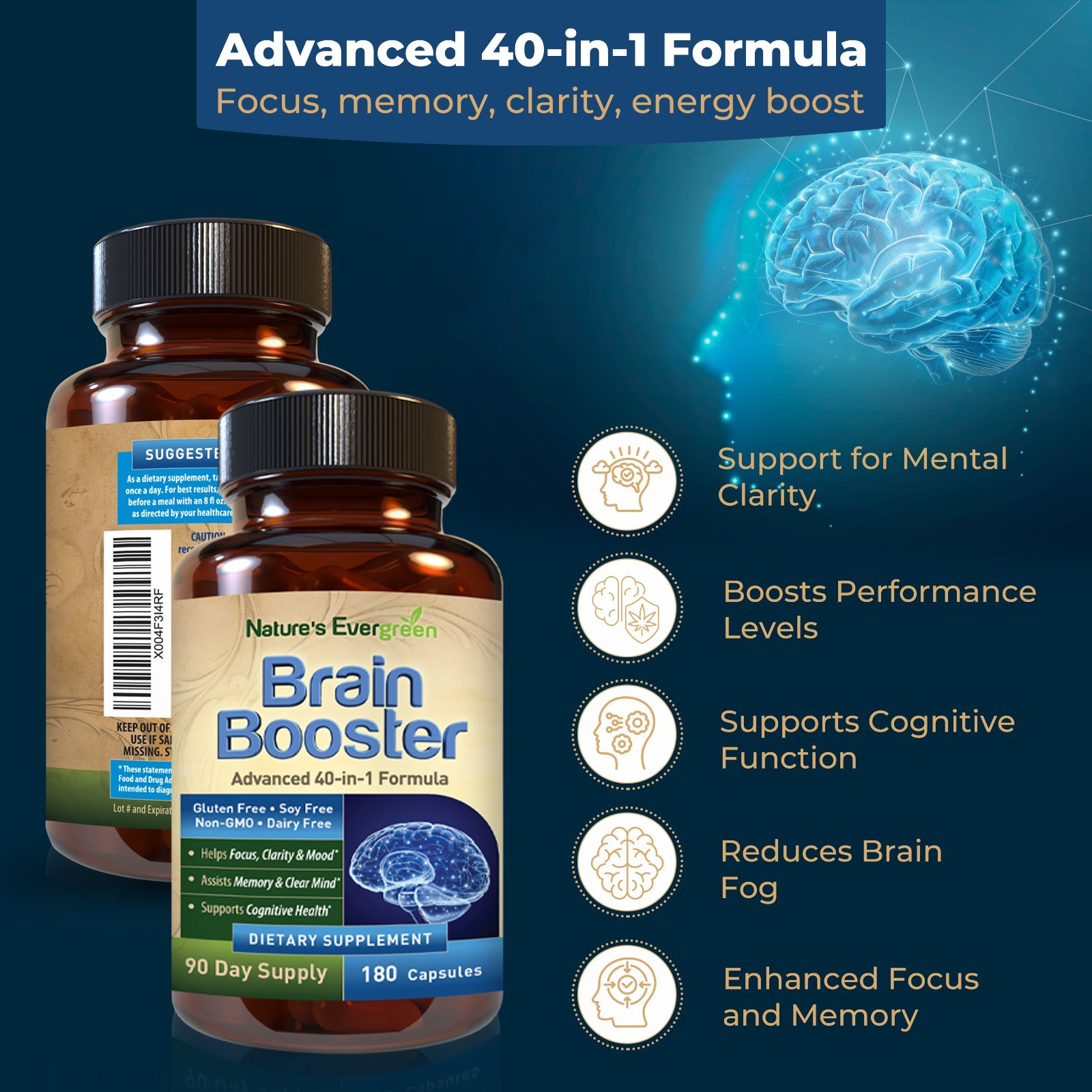 Brain Health & Memory Booster, Focus Function Clarity Nootropic Supplement 180ct