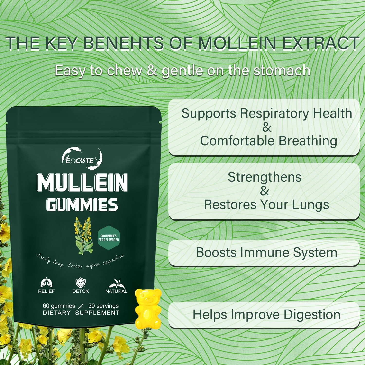 Mullein Leaf Extract Gummies for Lung Cleanse, Extra Strength 10000 MG USA