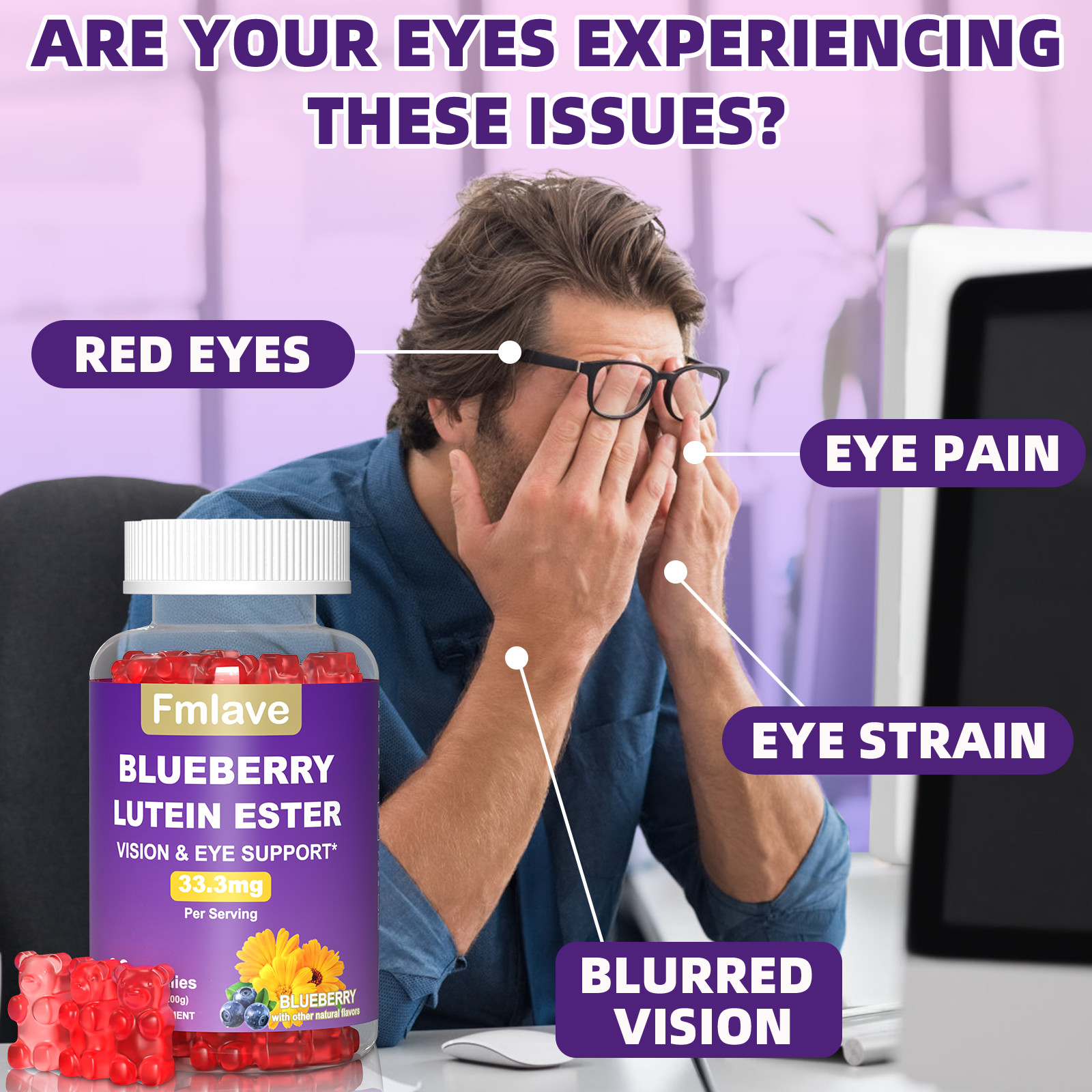 Eye Health Gummies with Lutein Ester Vision Support Relief Eye Strain 60 Gummies