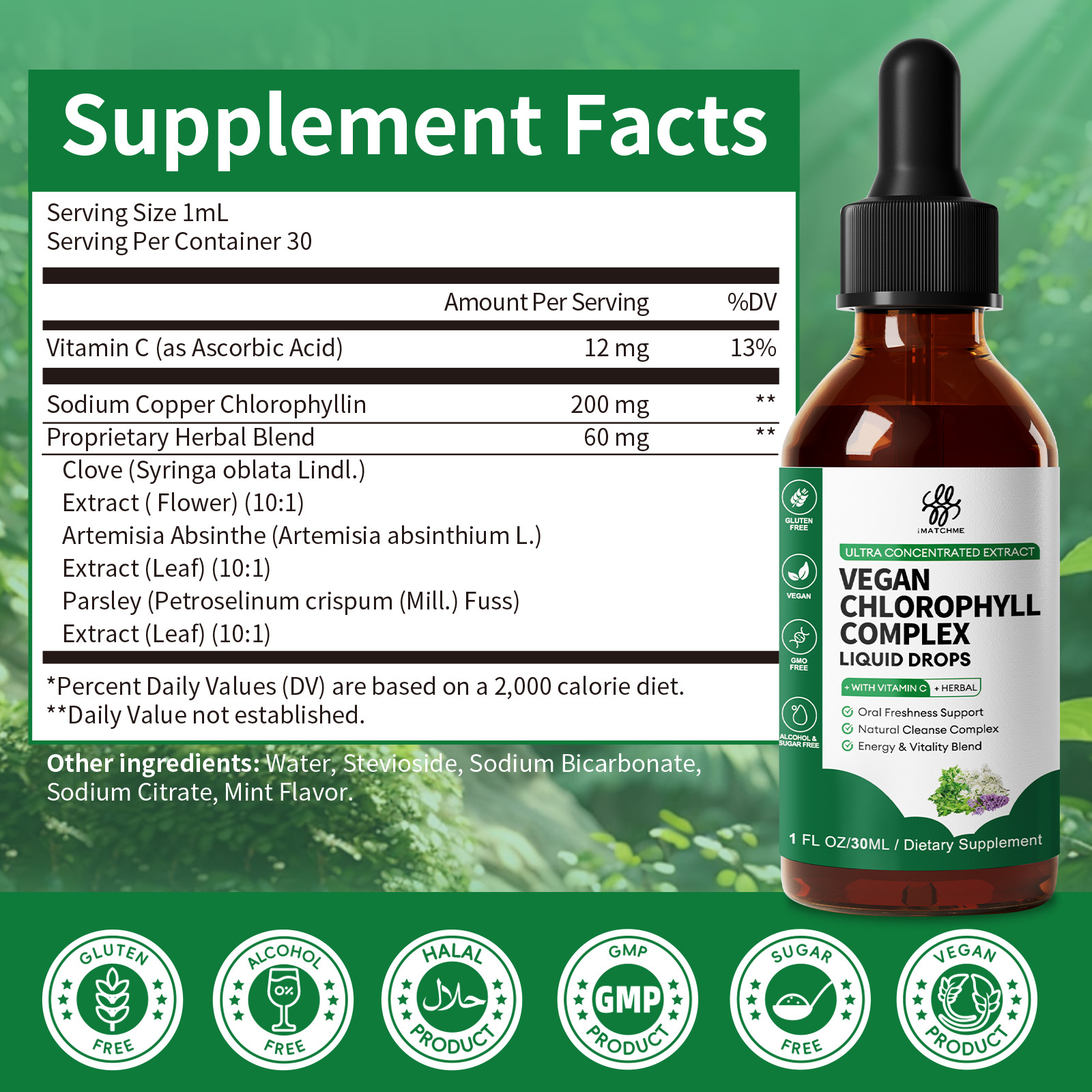 1 Packs Chlorophyll Liquid Drops, 1 Month Supply Liquid Chlorophyll Supplement