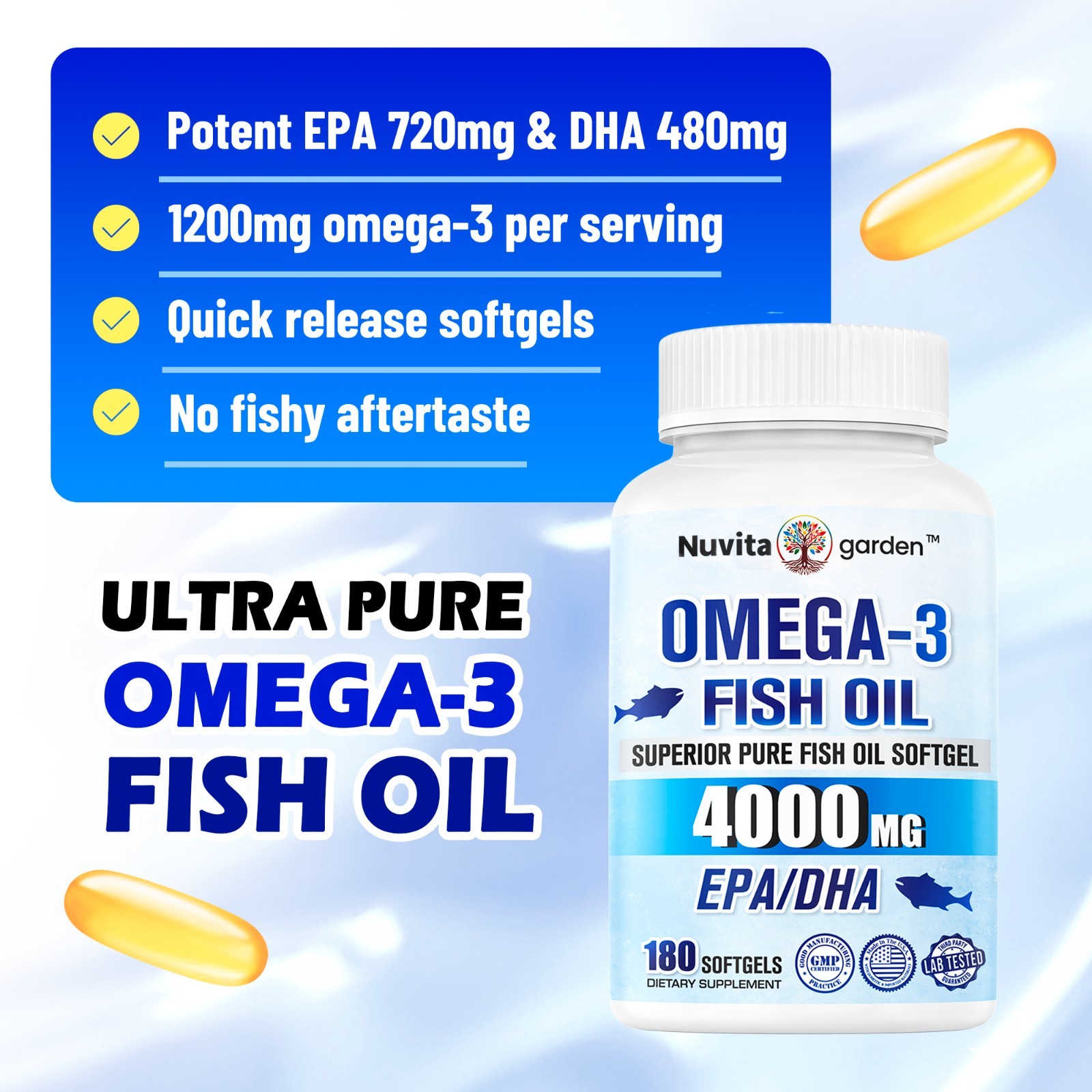 Omega 3 Fish Oil – 4000MG, 180 Softgels (40 Serv) – Non-GMO, Gluten Free