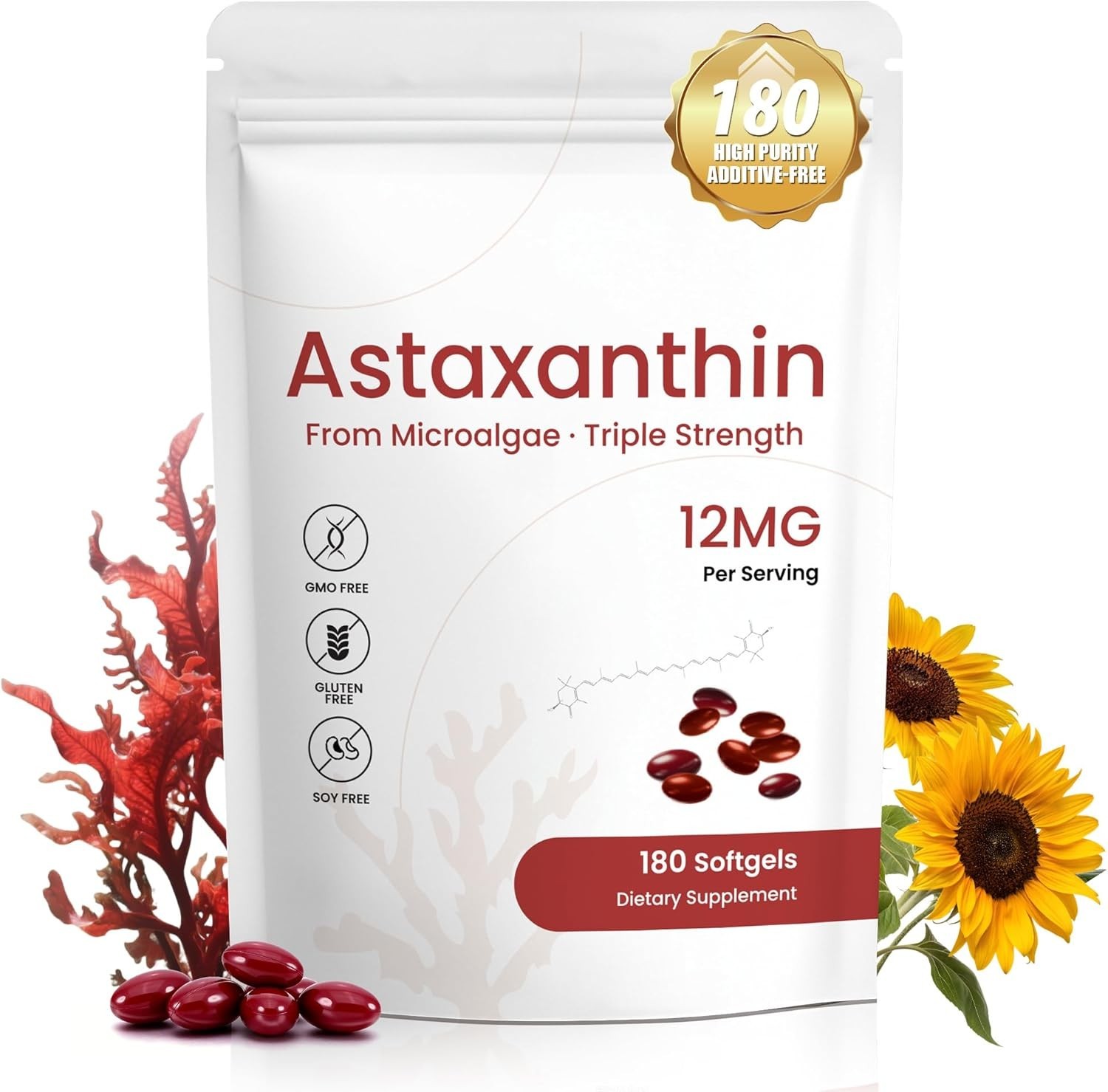 Astaxanthin 12mg Remedy, 6 Supply of 180 Softgels for Antioxidant Support