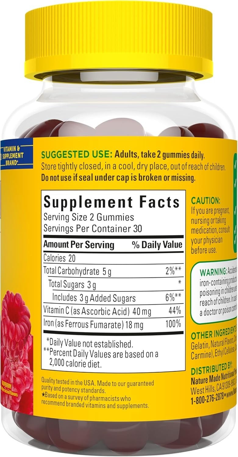 Nature Made Iron with Vitamin C Gummies – Raspberry 18 mg 60 Gummies