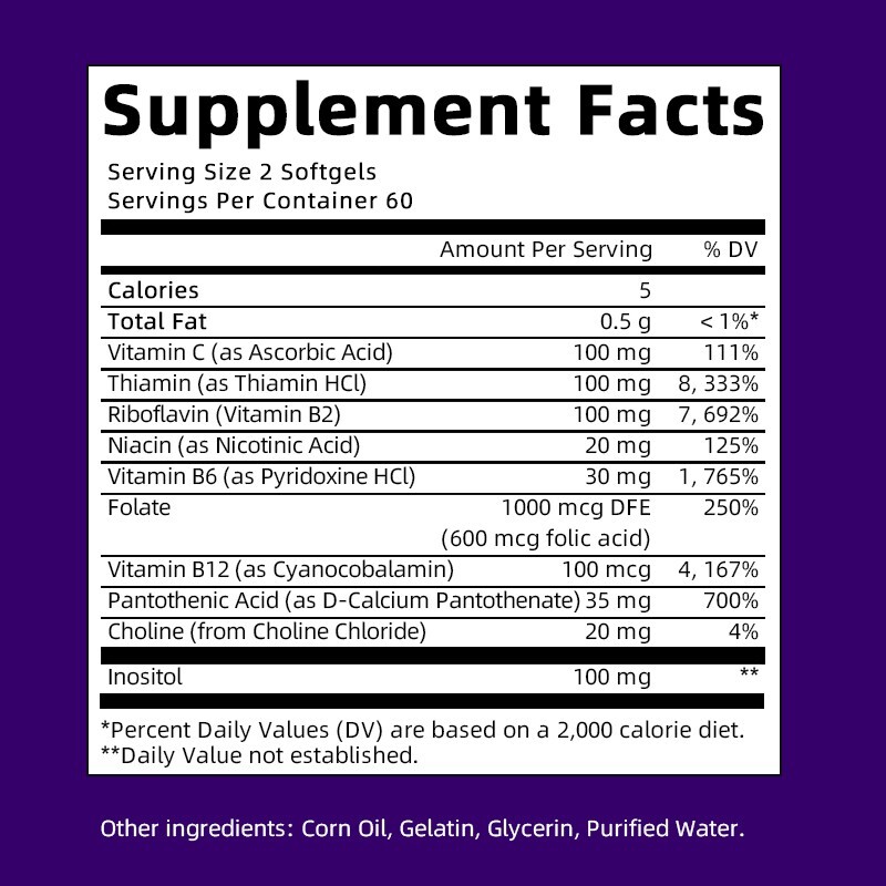 Vitamin B Complex 120 Capsules B1,B2,B3,B5,B6,B7,B9,B12, Immune Support Pills