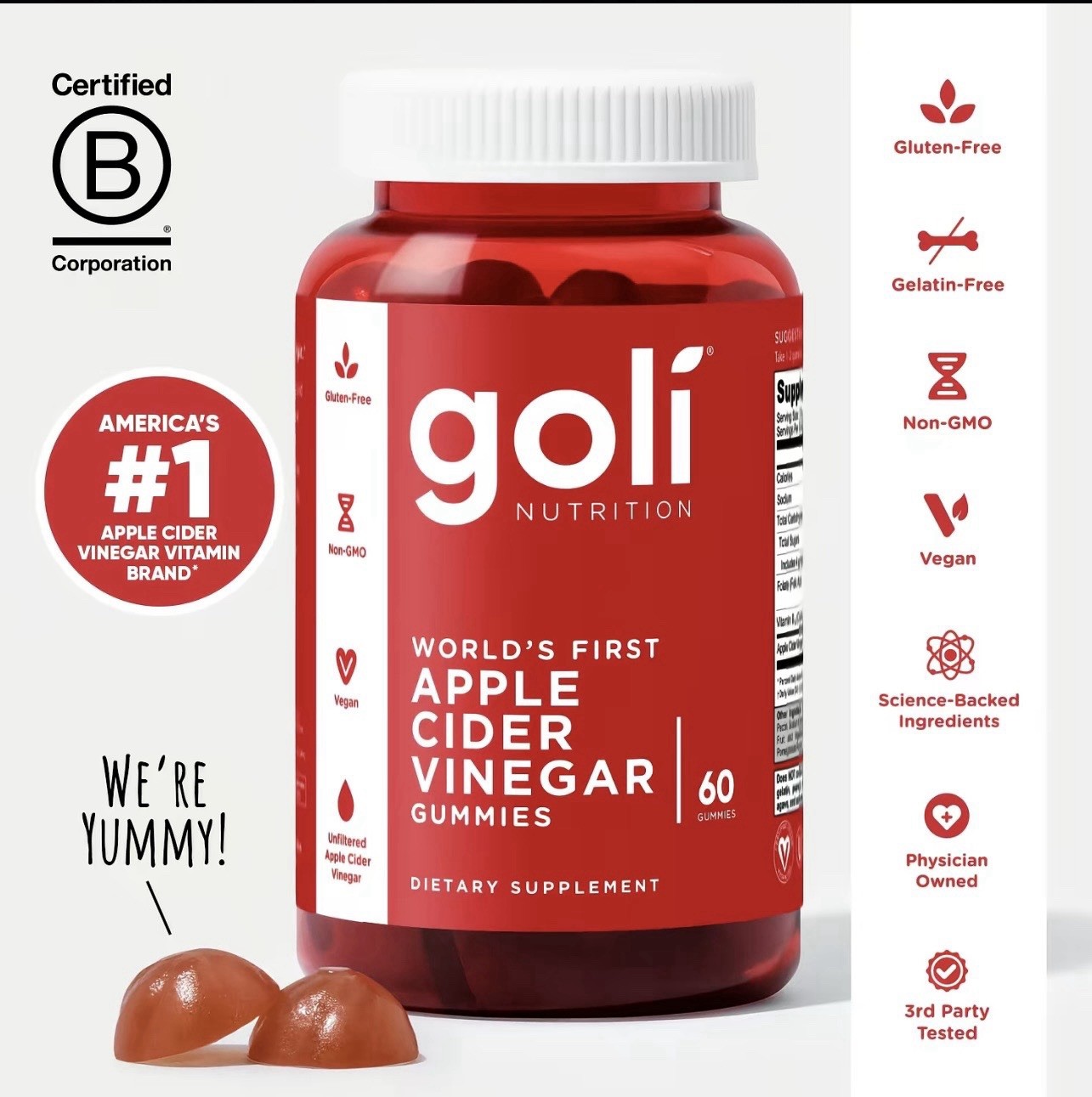 Goli Apple Cider Vinegar Gummy Vitamins – Vitamin B12, Gelatin-Free, Gluten-Free