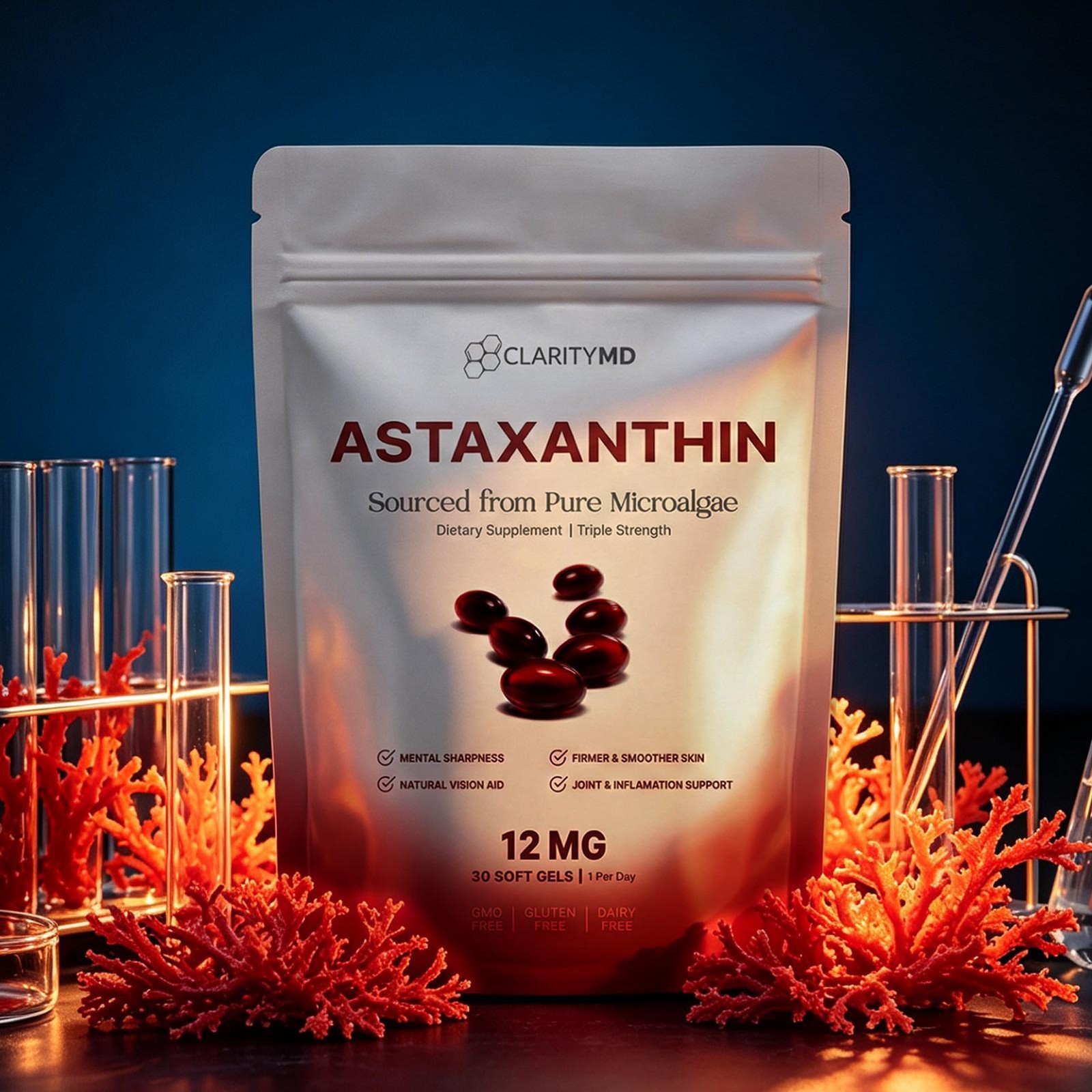 Astaxanthin 12mg Antioxidant Supplement 30 Softgels Natural Microalgae