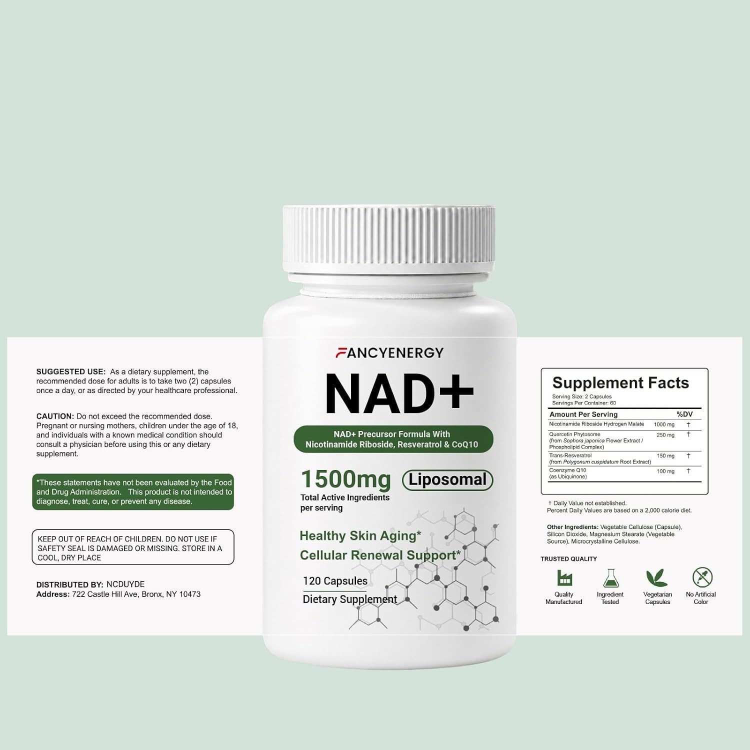 NAD+ Supplement for Anti Aging, Energy, Focus Nicotinamide Riboside Resveratrol