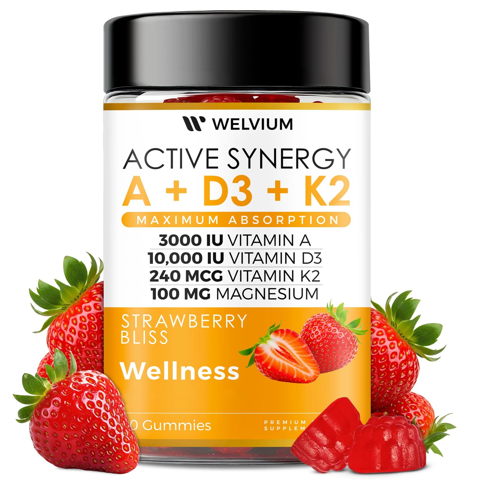 Vitamin D3 K2 Gummies 10,000 IU, 60 Count (Pack of 1), Strawberry