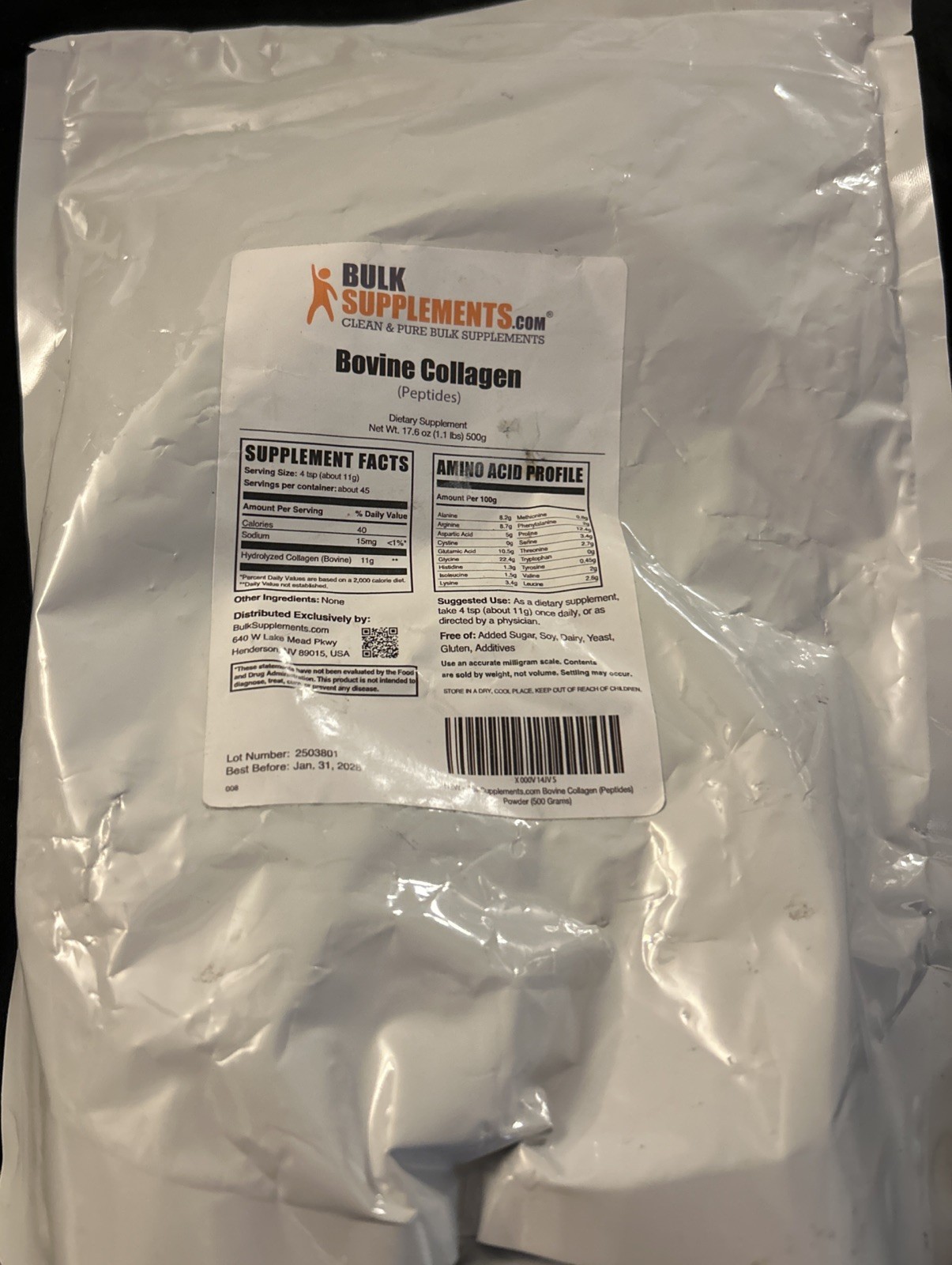 BulkSupplements Bovine Collagen Peptides Powder (1.1 Lbs) 17.6 Oz 01/28 11g Per