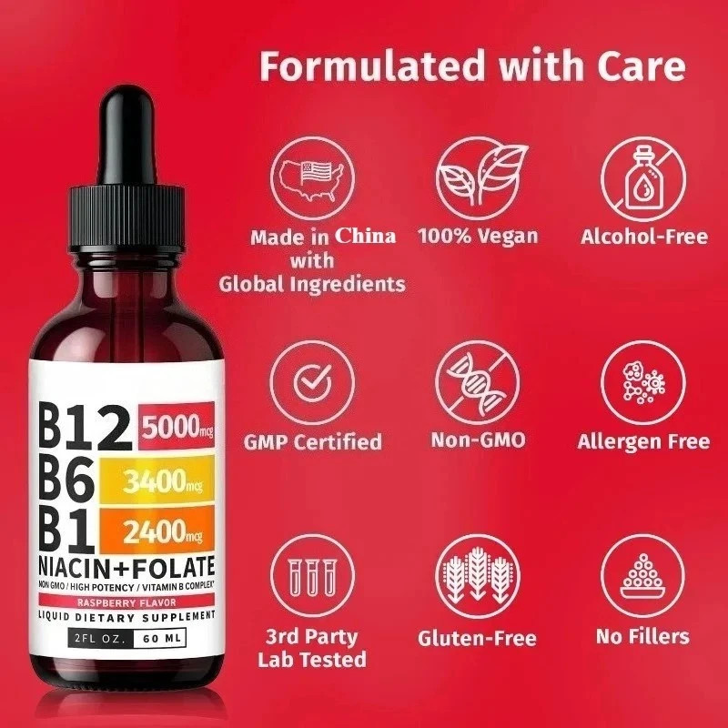 (2-PACK) Vitamin B12 Liquid Supplement Drops with B6, B1, Niacin & Folate – Edib