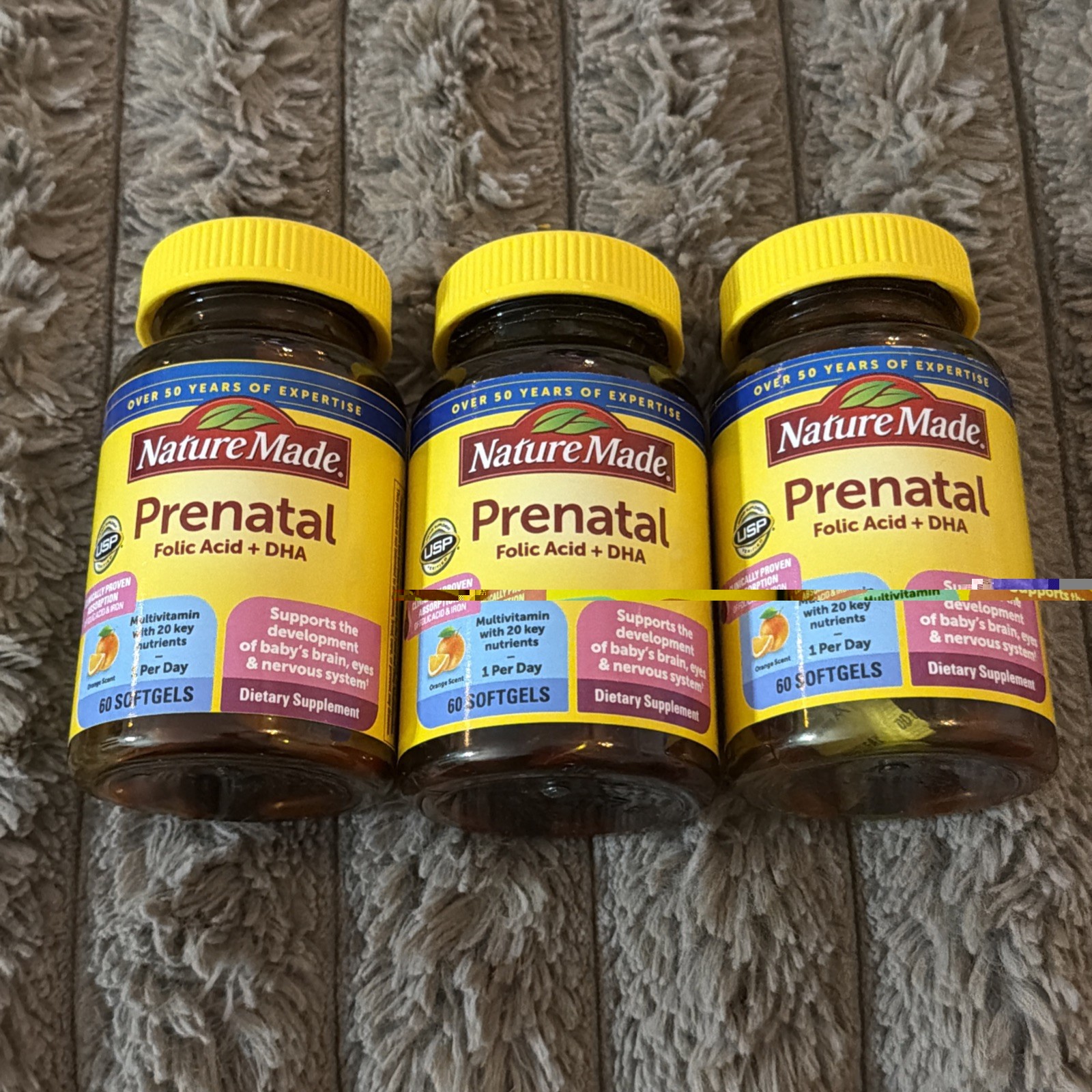 3X Nature Made Prenatal Folic Acid + DHA ~ 60 Softgels Each ~ EXP 02/27+