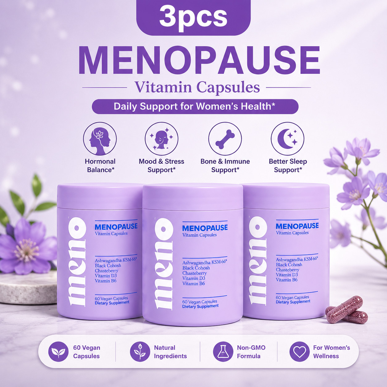 Meno Menopause Vitamin 3 Pack 180 Vegan Capsules Hormone Balance Support