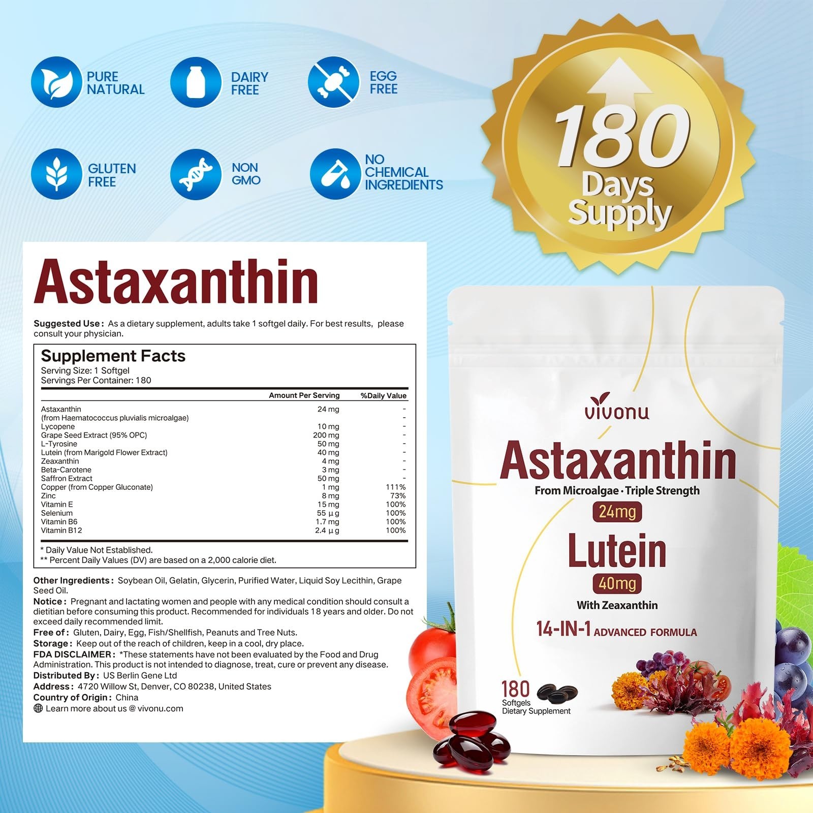 14-in-1 Astaxanthin & Lutein Softgels 24mg/40mg | 6 Month Supply, Eye & Skin Hea