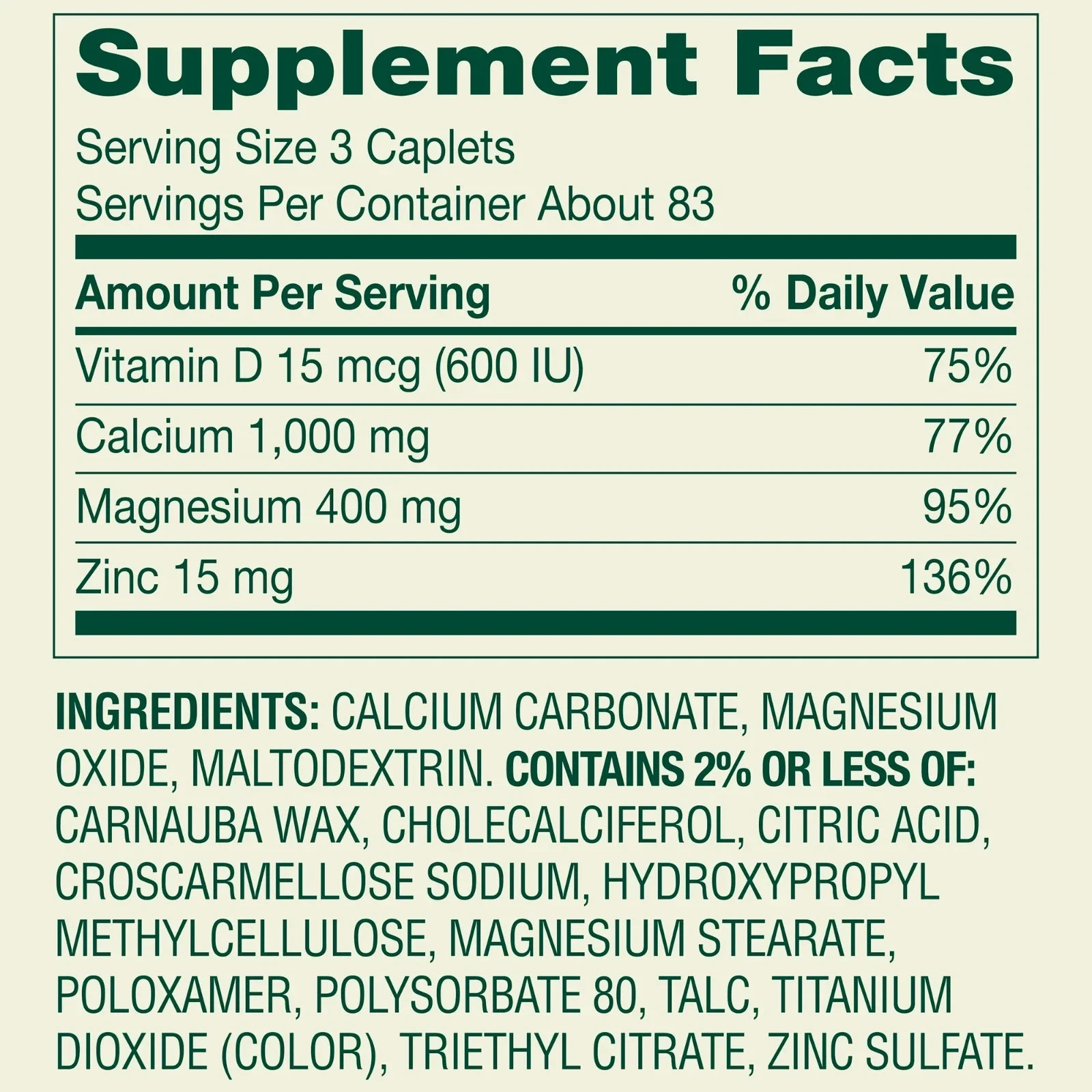 Spring Valley Calcium Magnesium & Zinc Plus Vitamin D3 Coated Caplets, 250 Count