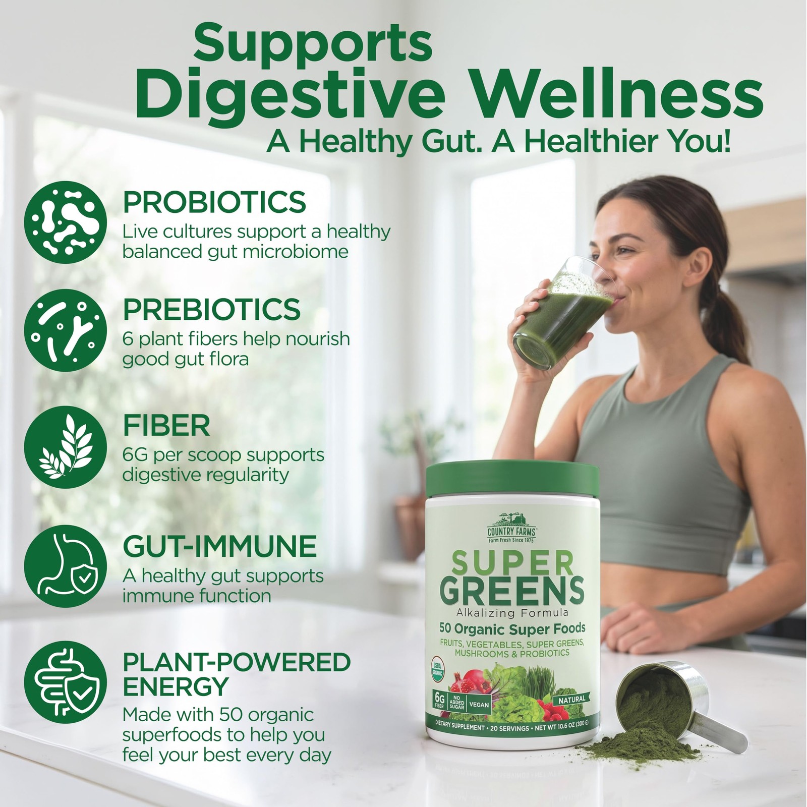 Country Farms Organic Super Greens Powder, 50 1 Count (Pack of 1), Green