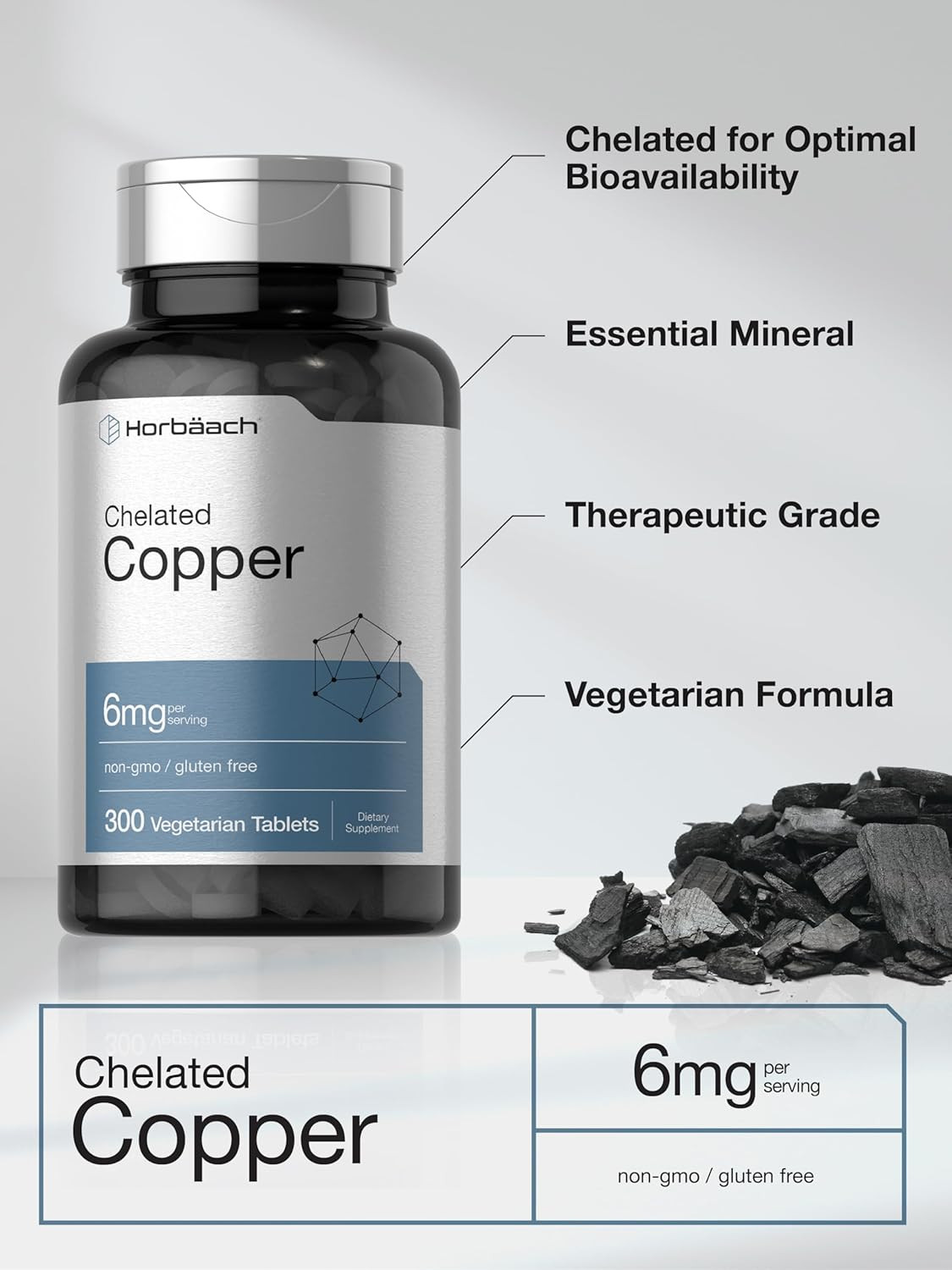 Chelated Copper Supplement 6mg | 300 Tablets | Essential Trace Mineral | Vegetar