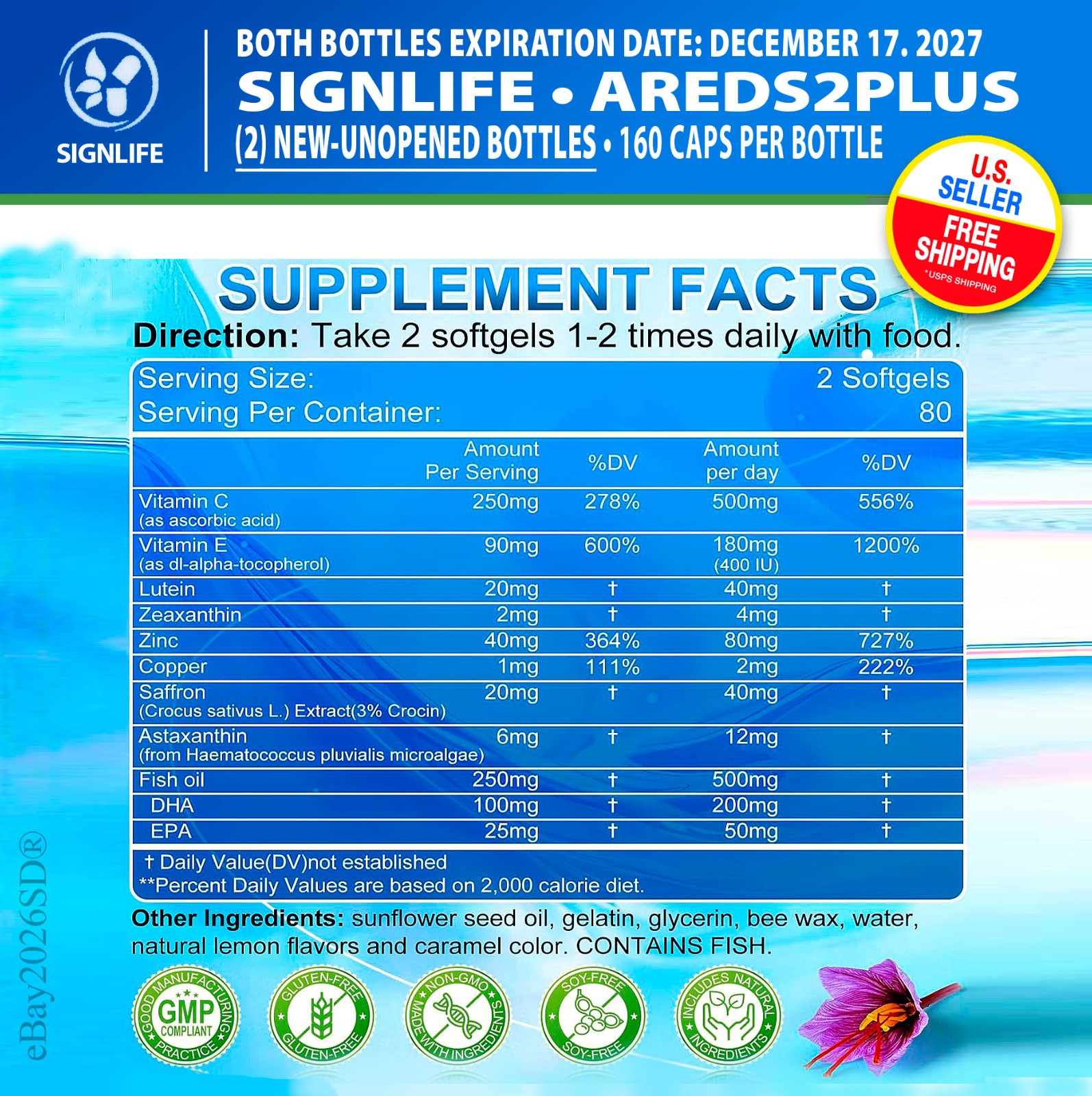 (2) Bottles • AREDS 2 Plus Eye Vitamins • w/Lutein, Zeaxanthin and Astaxanthin