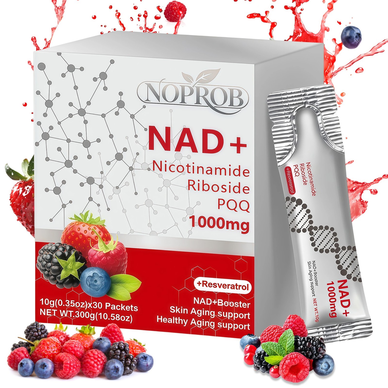 NAD+ 1000mg Anti-Aging Drink Liquid 30 Packets Nicotinamide Riboside Resveratrol