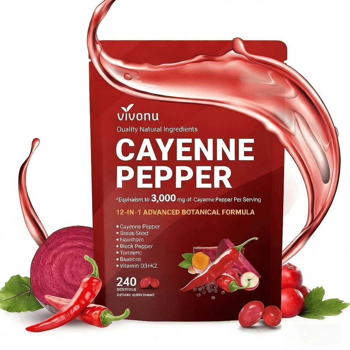 VIVONU Cayenne Pepper 240 Softgels, Heart & Vascular Health Supplement NEW