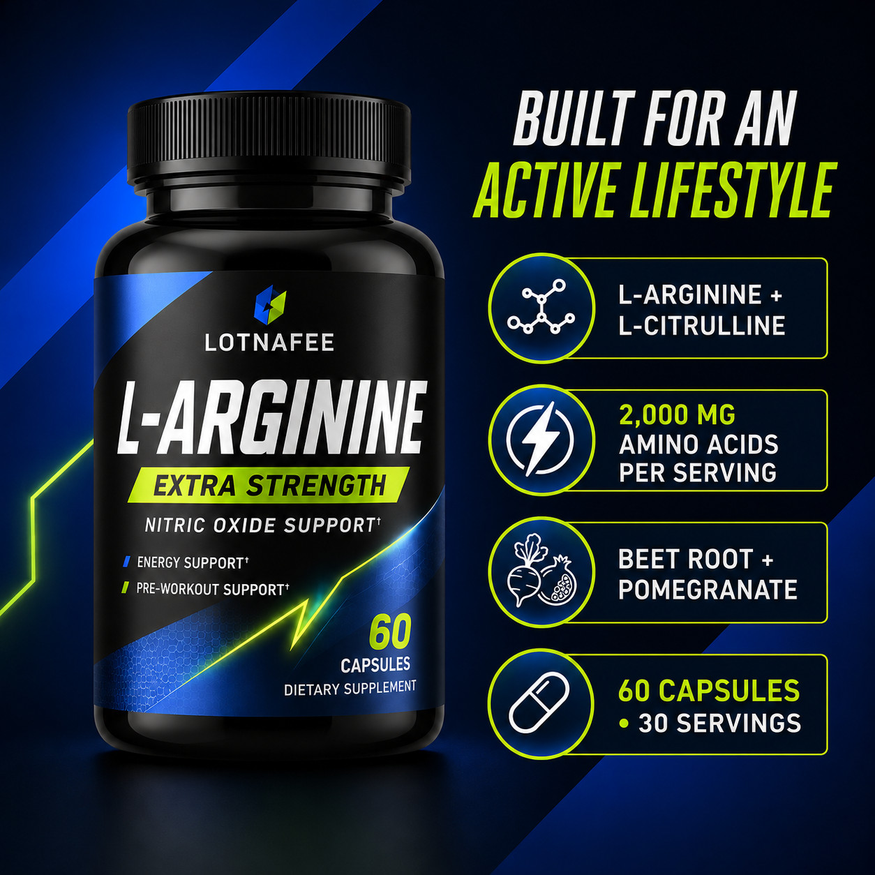 Extra Strength L-Arginine and L-Citrulline 2000mg Nitric Oxide Support, 60 Capsu