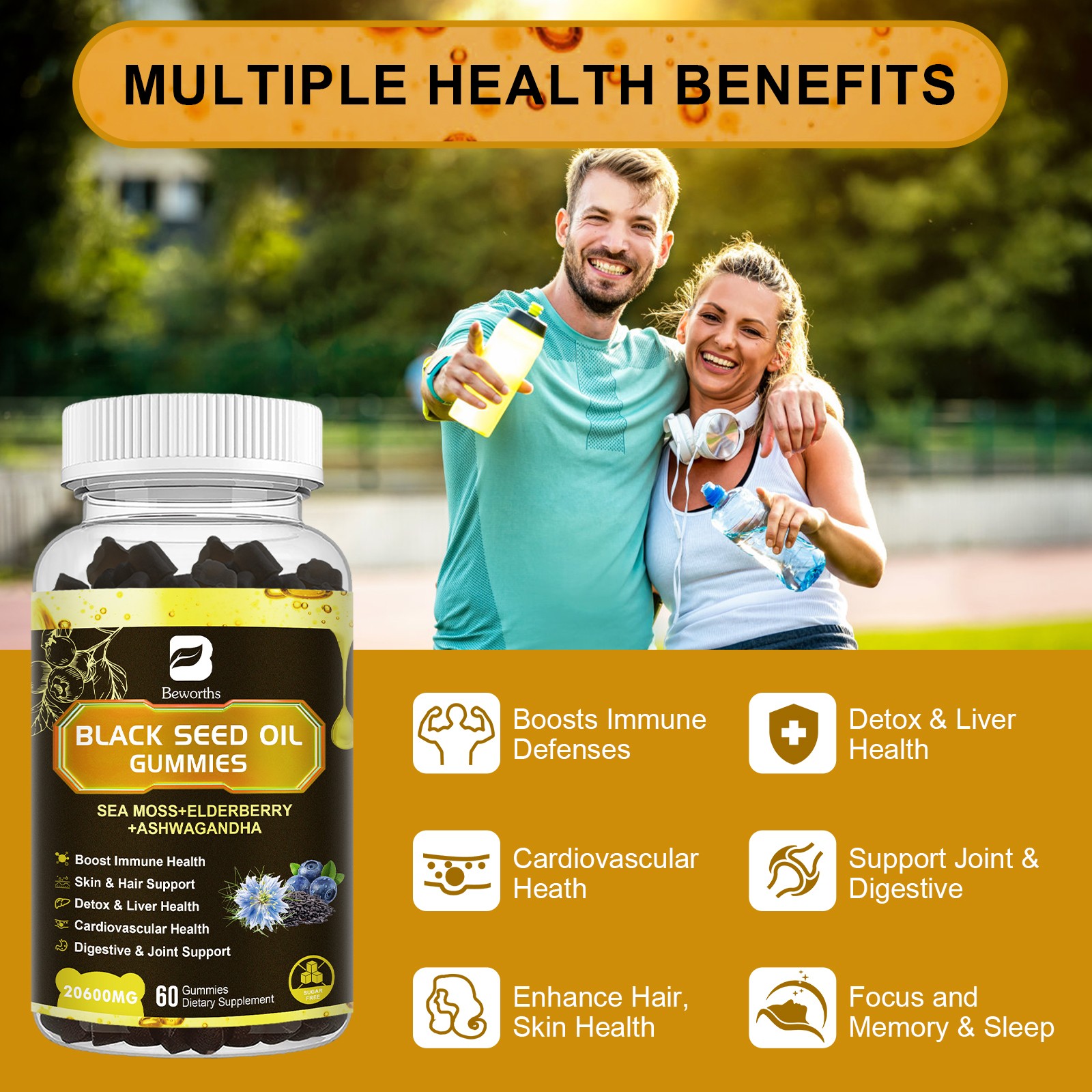12-IN-1 Black Seed Oil Gummies Support Immunity, Joints, Digestion, Hair Growth