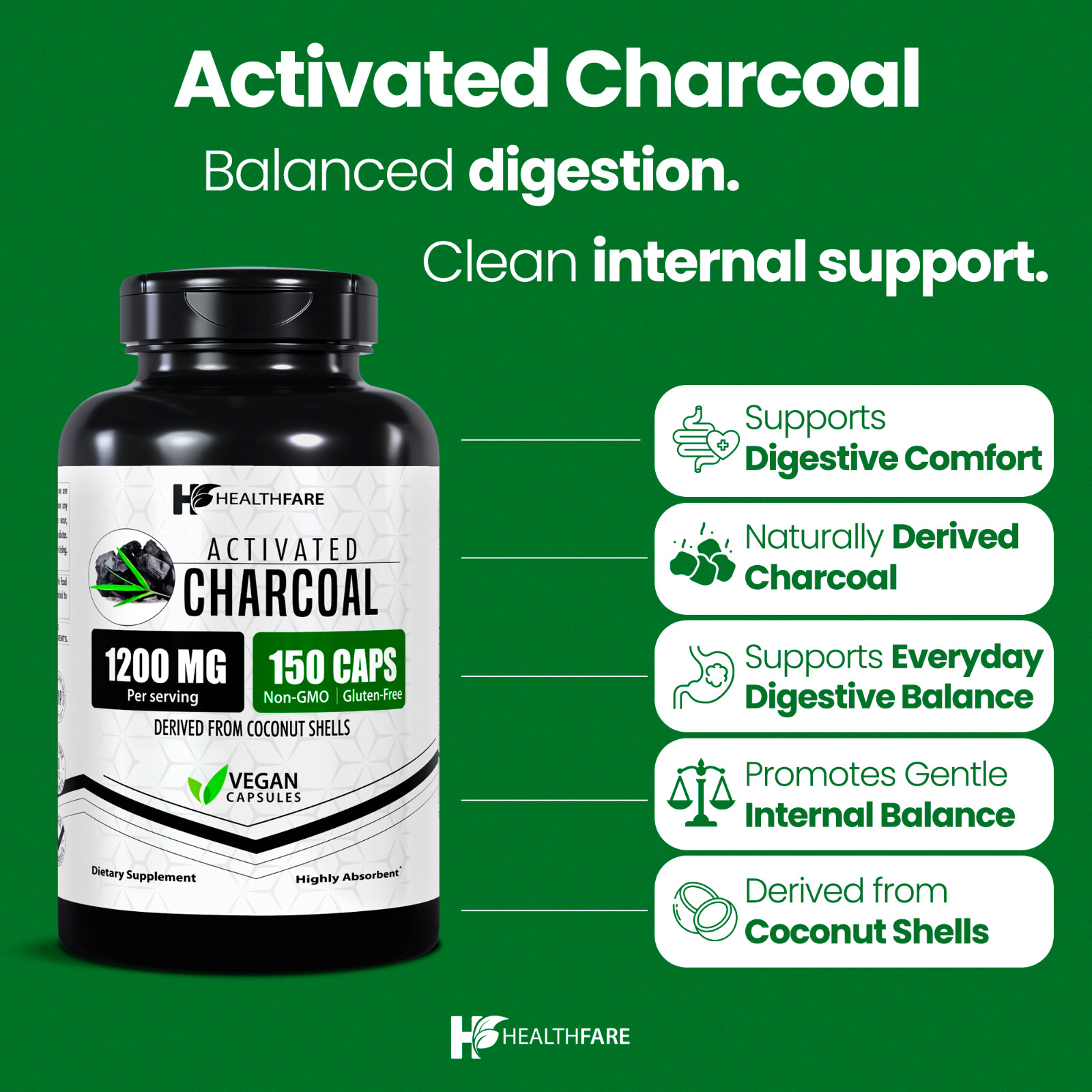 HealthFare Activated Charcoal Vegan Capsules 1200mg 150 Highly Absorbent