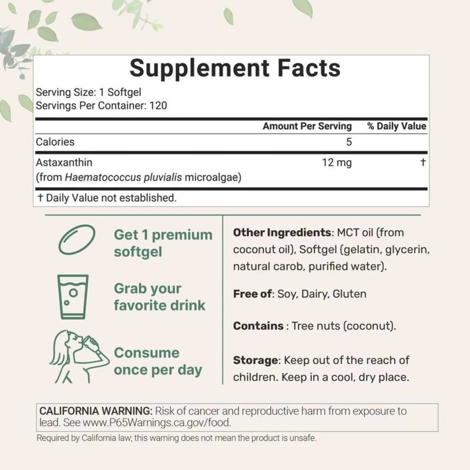 1 Pack Astaxanthin 12mg, 120 Softgels, 4 Month Supply NEW