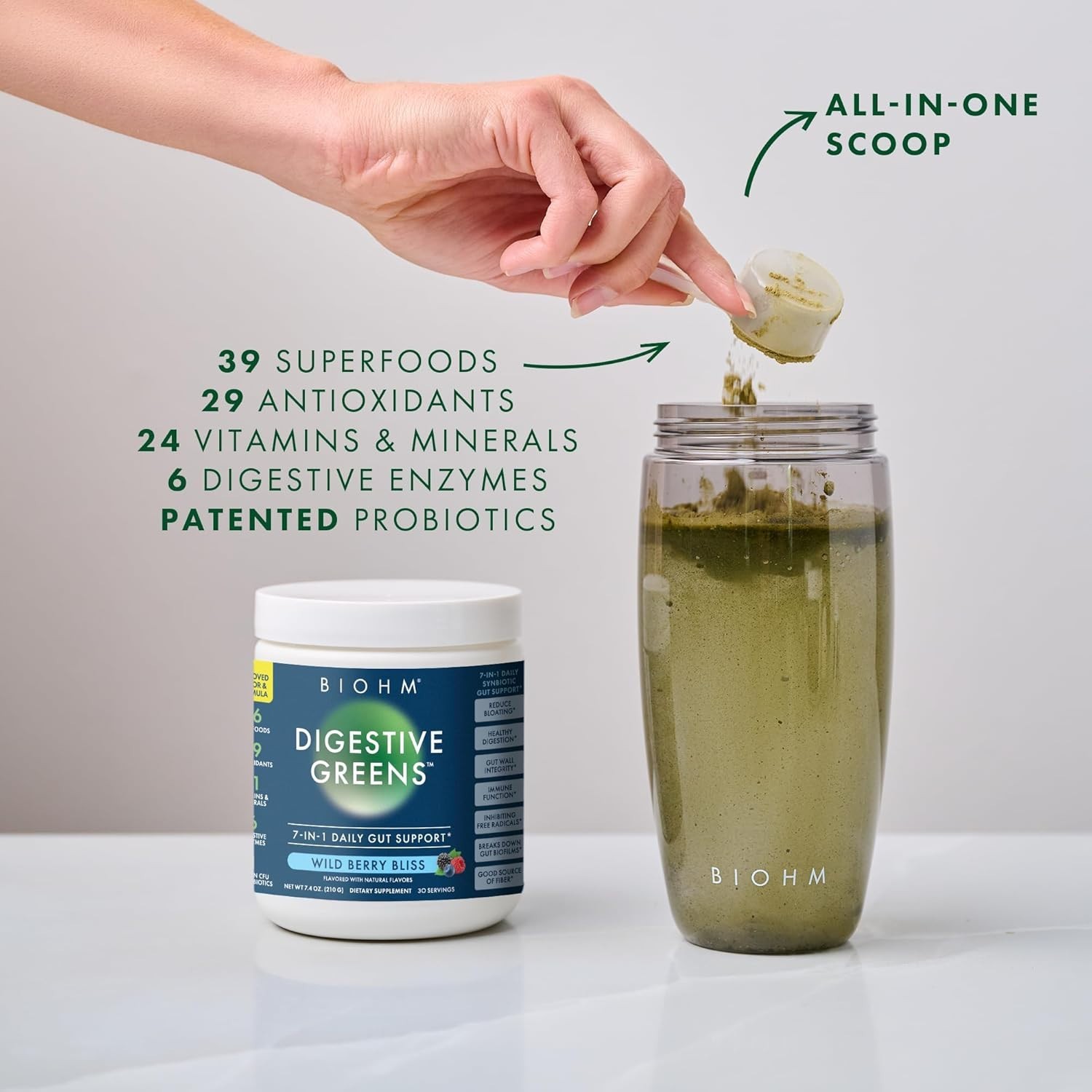 BIOHM Digestive Greens Green Superfood Powder 7.4 Oz 30 Servings Immune & Gut…