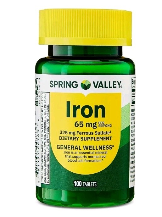 Spring Valley Iron 65mg Ferrous Sulfate 100 Tablets Dietary Supplement