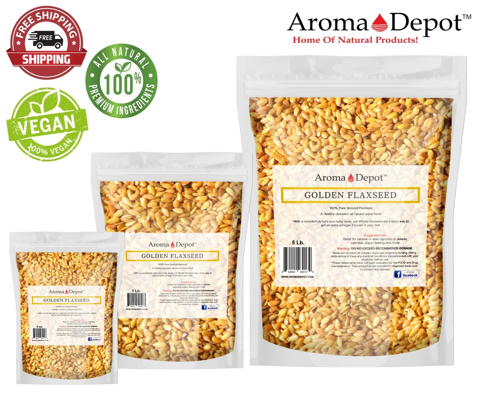 Whole Golden Grain Gold Flax Seed 100% Raw Omega-3 no0n-GMO Gluten Free Lino