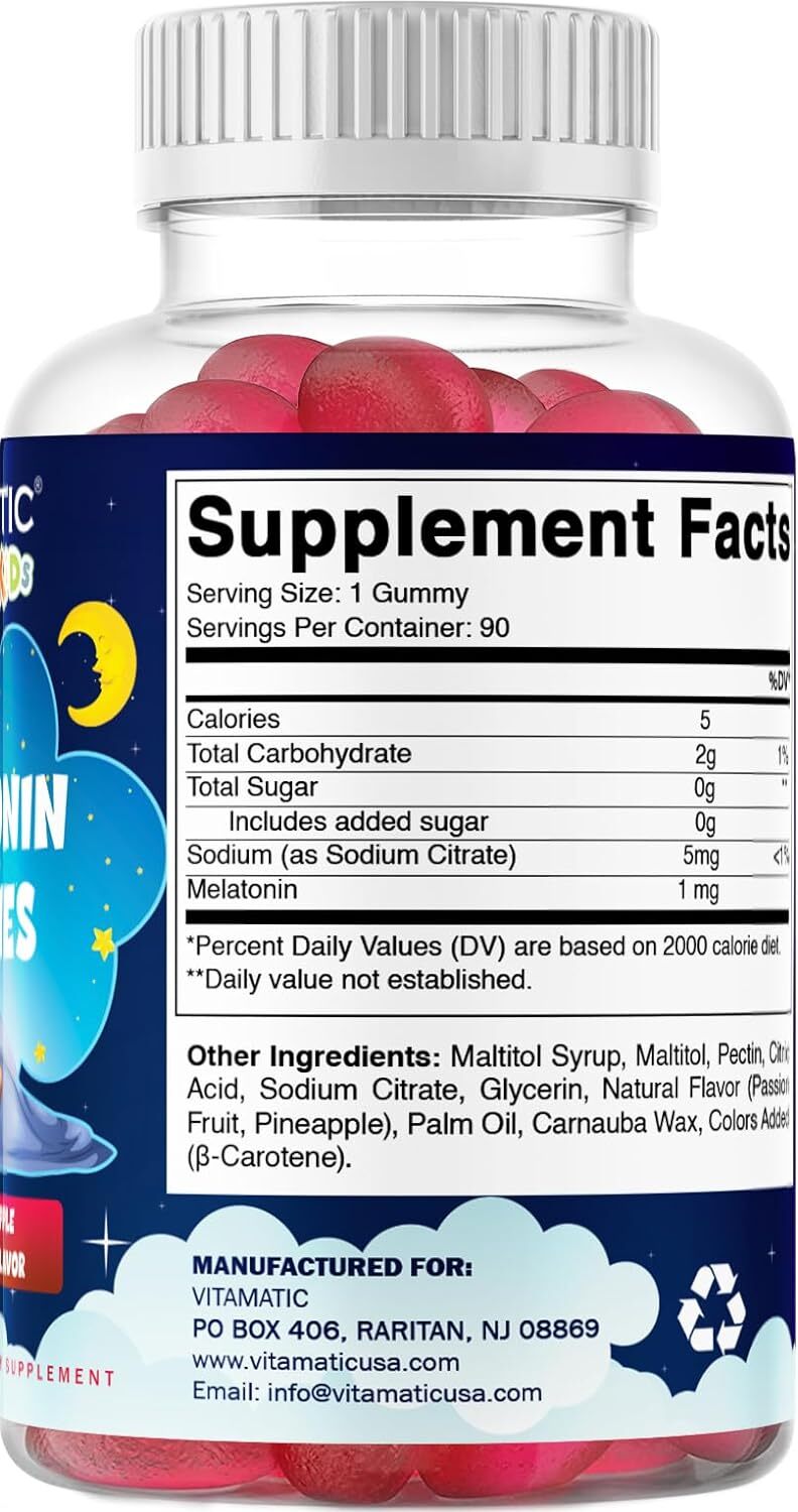 Vitamatic Sugar Free Kids Melatonin 1mg, 90 Gummies, Pineapple &…